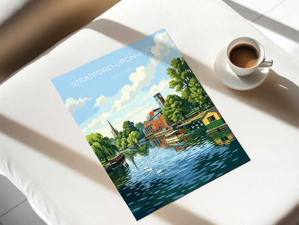 Stratford upon Avon Travel Print, River Avon Wall Art, Royal Shakespeare Theatre Poster, Holy Trinity Church Illustration, UK Decor