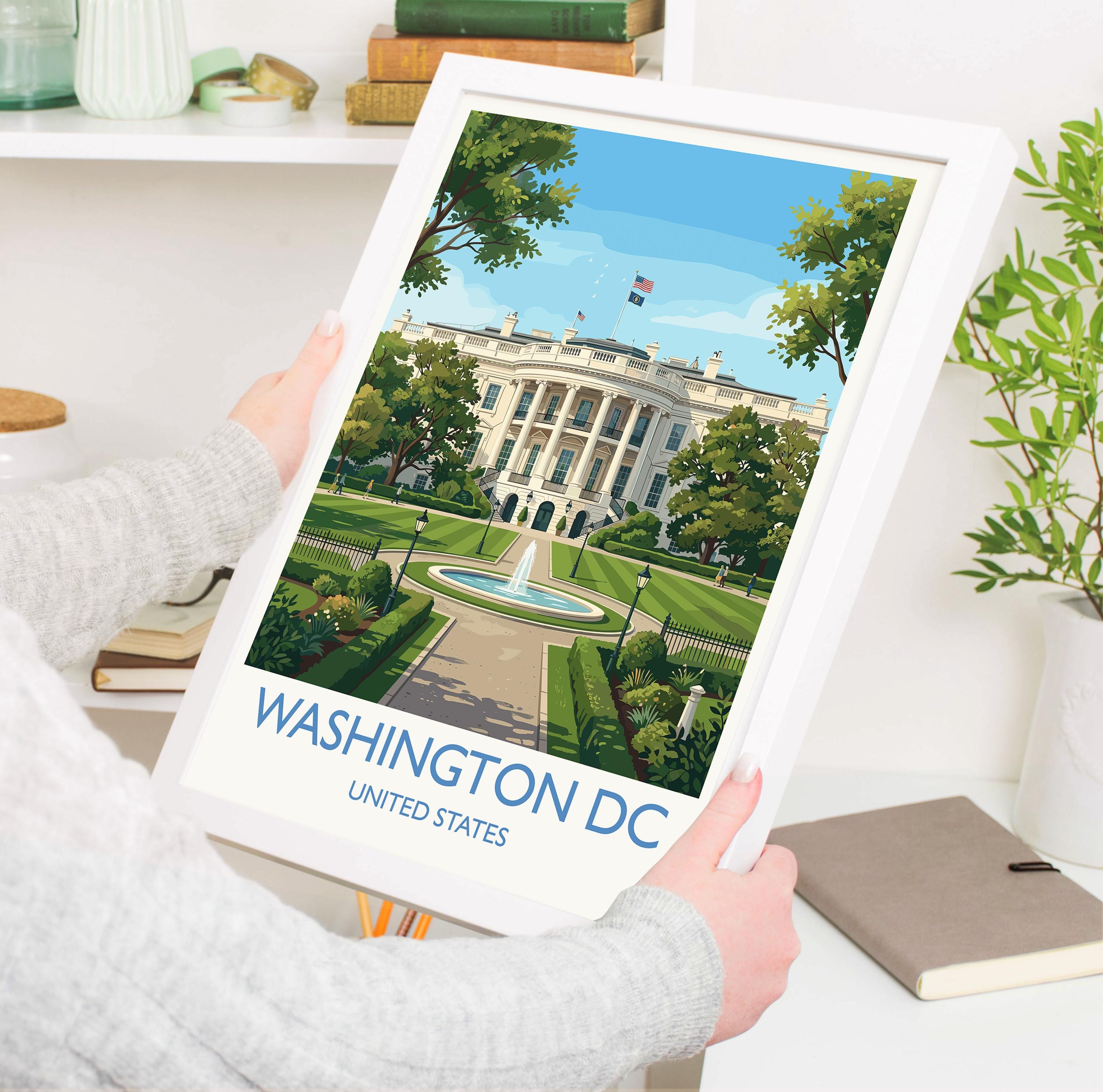 Washington DC Travel Poster, White House Wall Art, USA Landmark Print, American Architecture Illustration, Vintage Style USA City Decor
