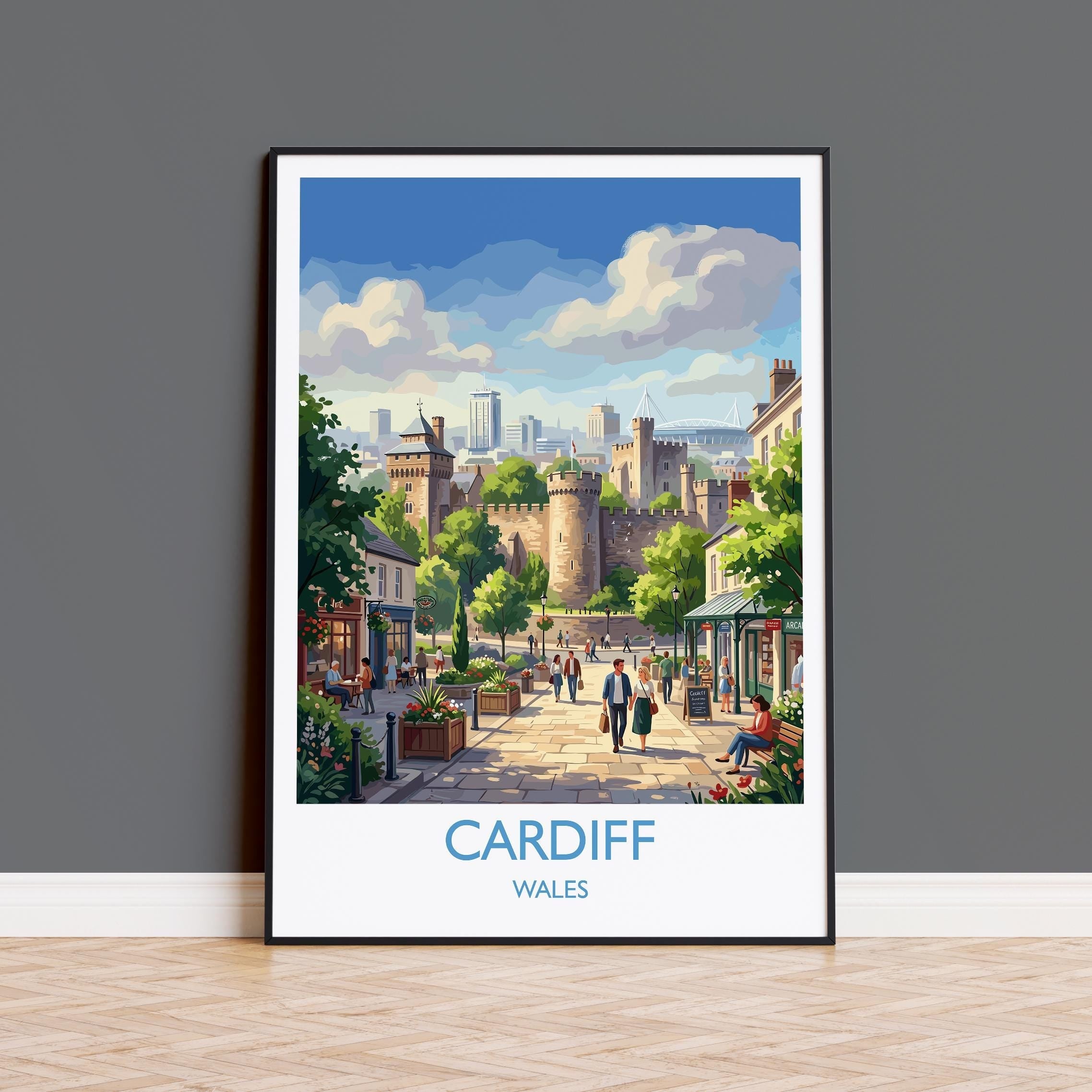 Cardiff Wales Travel Poster, Cardiff City Wall Art, Cardiff Castle Print, Welsh Capital Illustration, Vintage Style UK City, Wales Gift NQ Media Designs