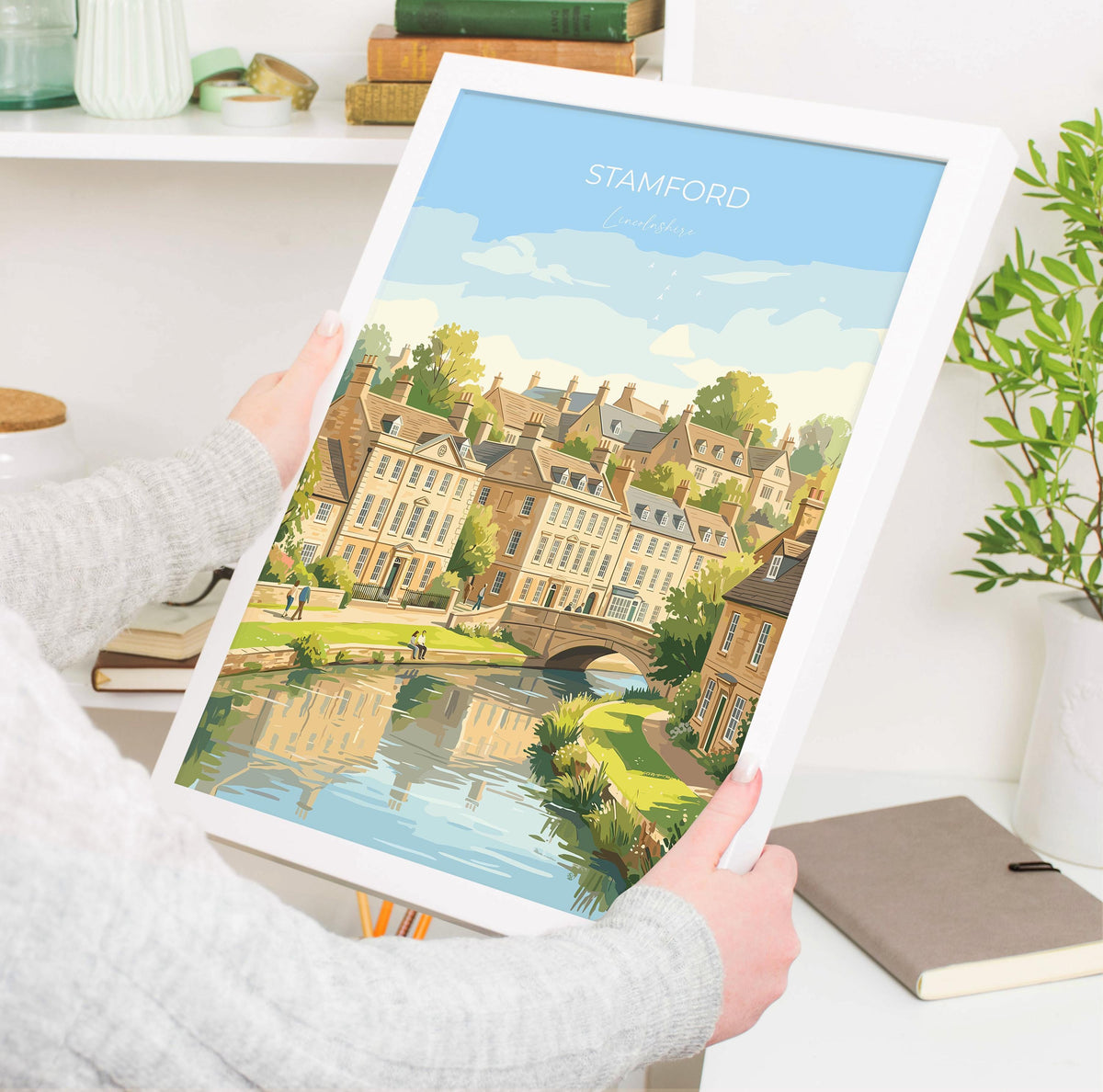 Stamford Lincolnshire Travel Print, Historic Market Town Wall Art, River Welland Poster, Georgian Architecture, Vintage Style UK Decor