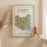 Suffolk Illustrated Map Print, England Wall Art, Suffolk Coast Map Poster, Framed or Canvas Print, Suffolk Gift