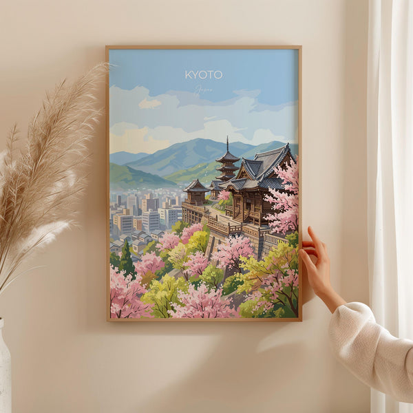 Kyoto Japan Travel Print, Cherry Blossom Temple Wall Art, Japanese Landscape Poster, Sakura Illustration, Asia Decor, Kyoto Gift