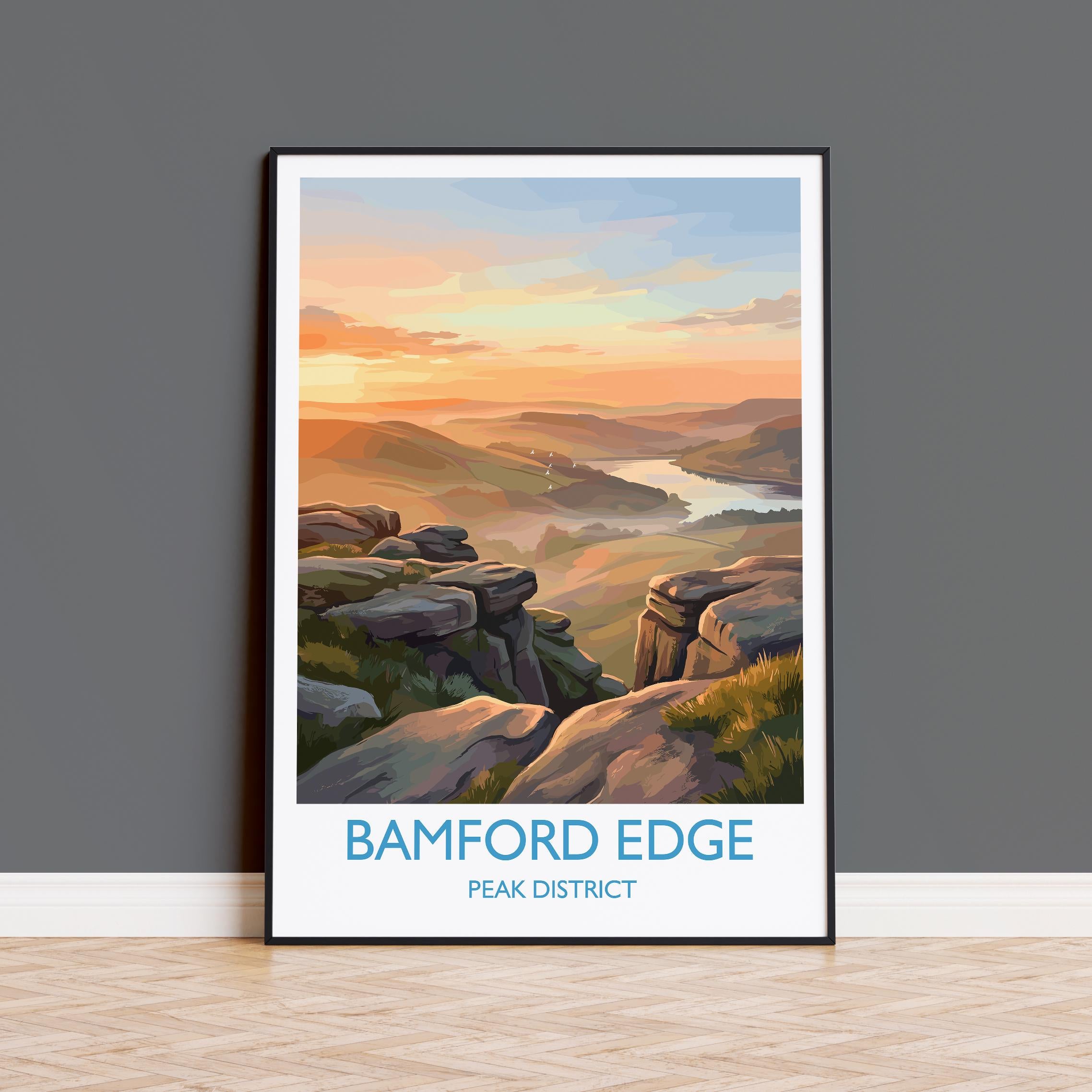 Bamford Edge Travel Poster, Peak District Wall Art, Derbyshire Landscape Print, Hope Valley View Illustration, Vintage Style UK Nature Decor