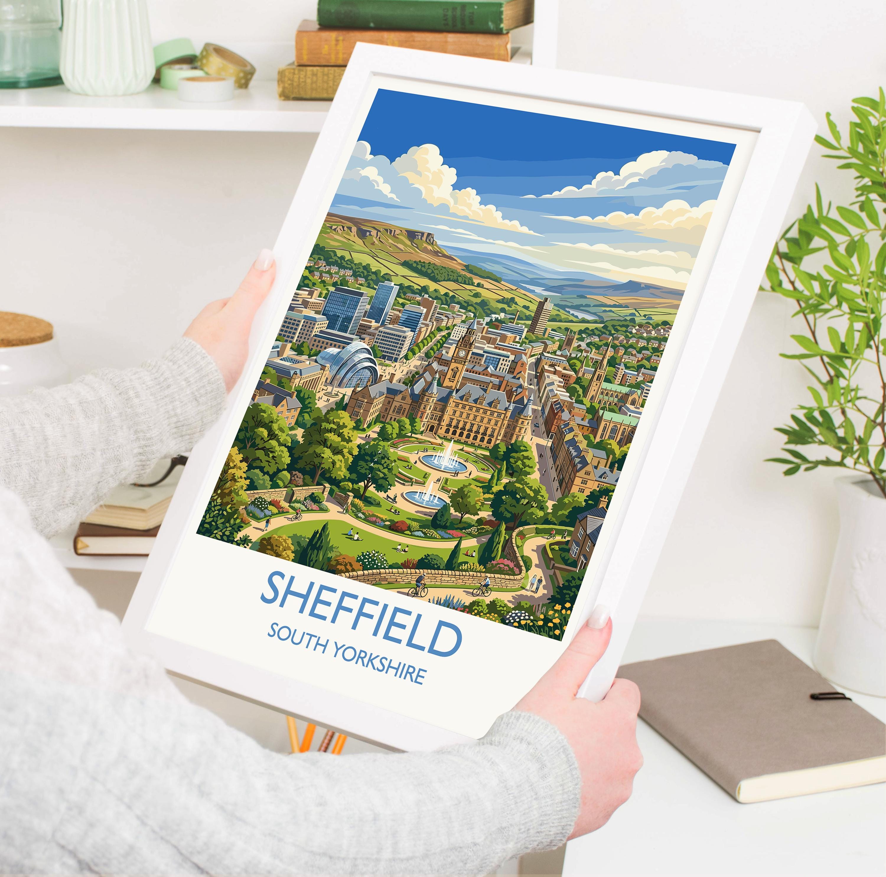 Sheffield South Yorkshire Travel Poster, Sheffield Skyline Wall Art, Winter Garden Print, England City Illustration, Vintage Style UK Decor