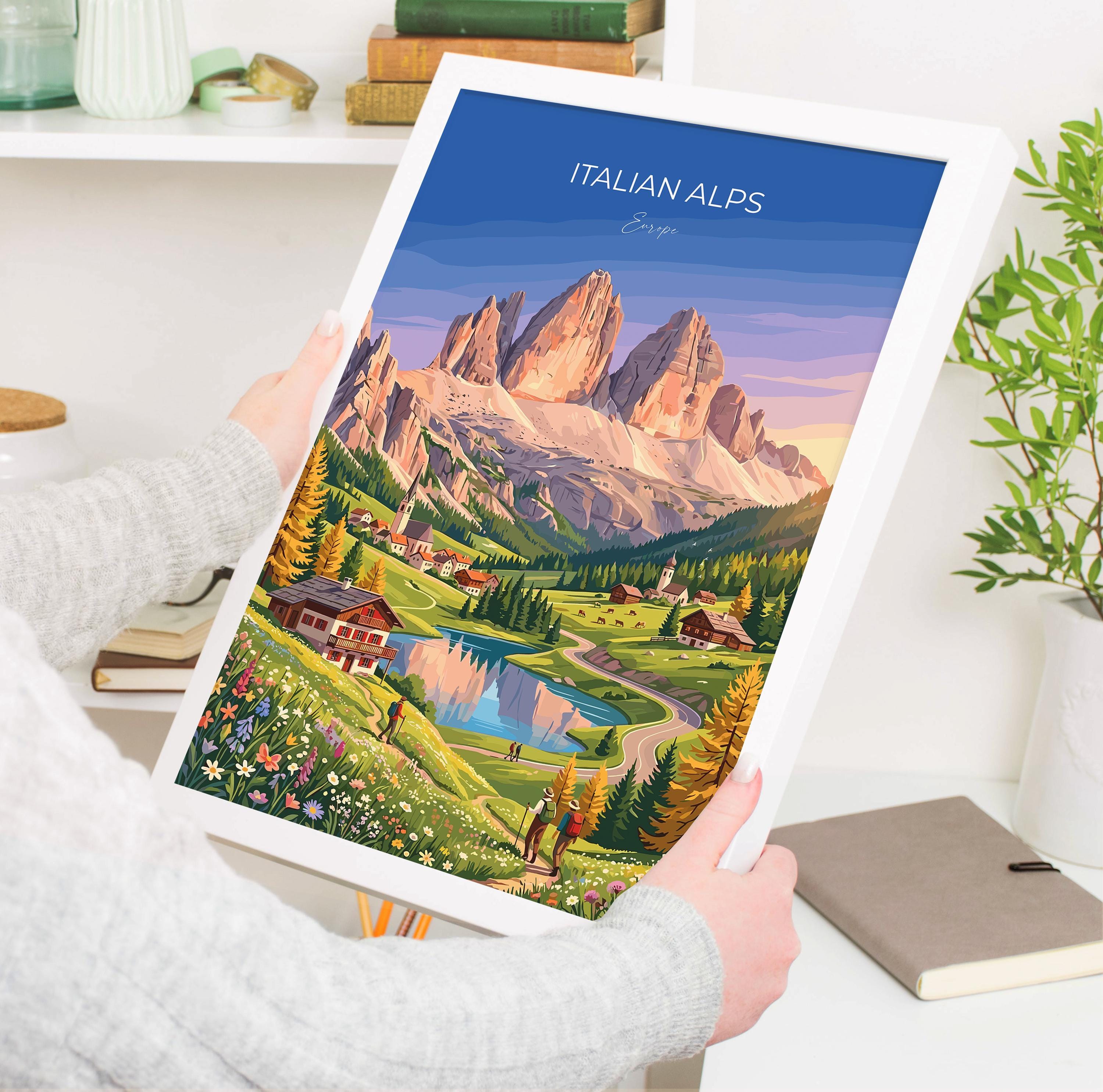 Italian Alps Travel Print, Dolomites Mountain Wall Art, Alpine Landscape Poster, Italy Mountain Illustration, Vintage Style Europe Decor