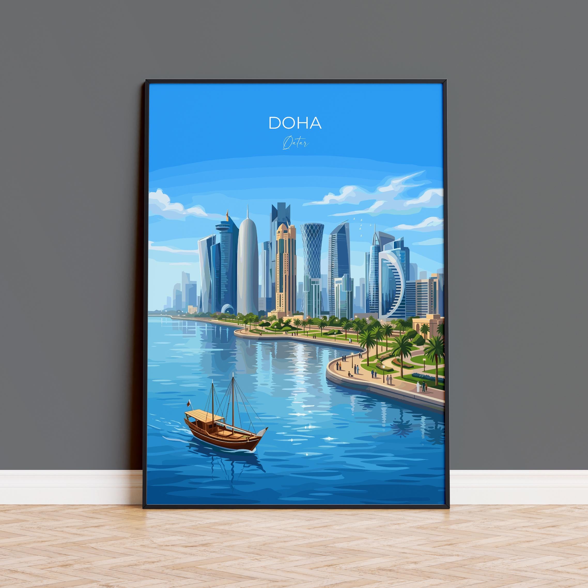 Doha Qatar Travel Print, Doha Skyline Wall Art, Modern Cityscape Poster, Arabian Gulf Illustration, Vintage Style Middle East Decor