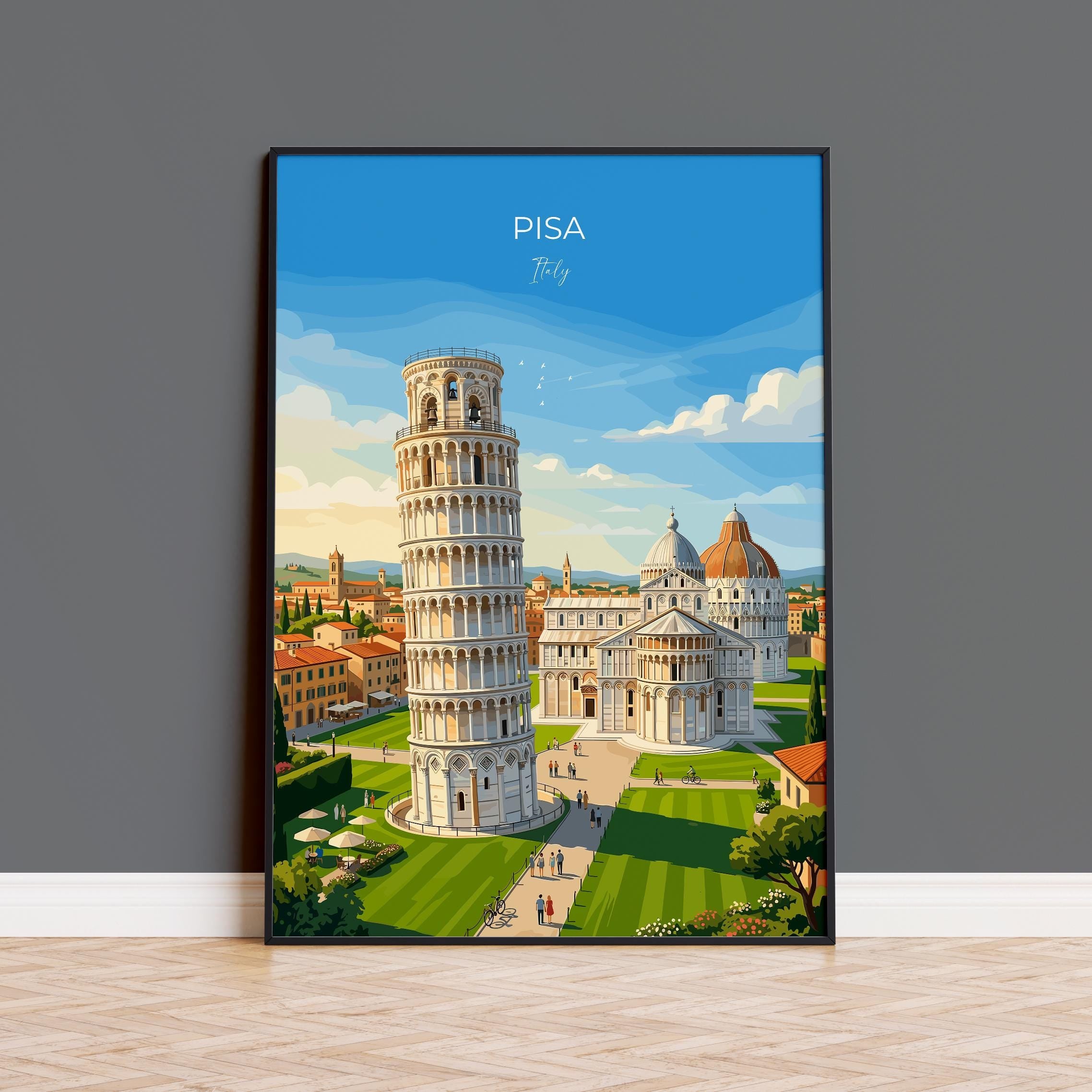 Pisa Italy Travel Print, Leaning Tower of Pisa Wall Art, Piazza dei Miracoli Poster, Tuscany Travel Poster, Italian Vintage Decor