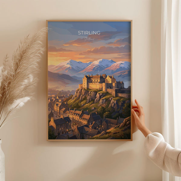 Stirling Castle Scotland Travel Print, Scottish Highlands Wall Art, Stirling Sunset Landscape Poster, Historic Castle Illustration, UK Decor