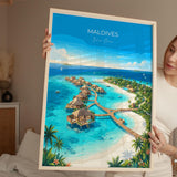 Maldives Indian Ocean Travel Print, Tropical Island Wall Art, Maldives Beach Poster, Overwater Bungalows, Luxury Island Travel Poster