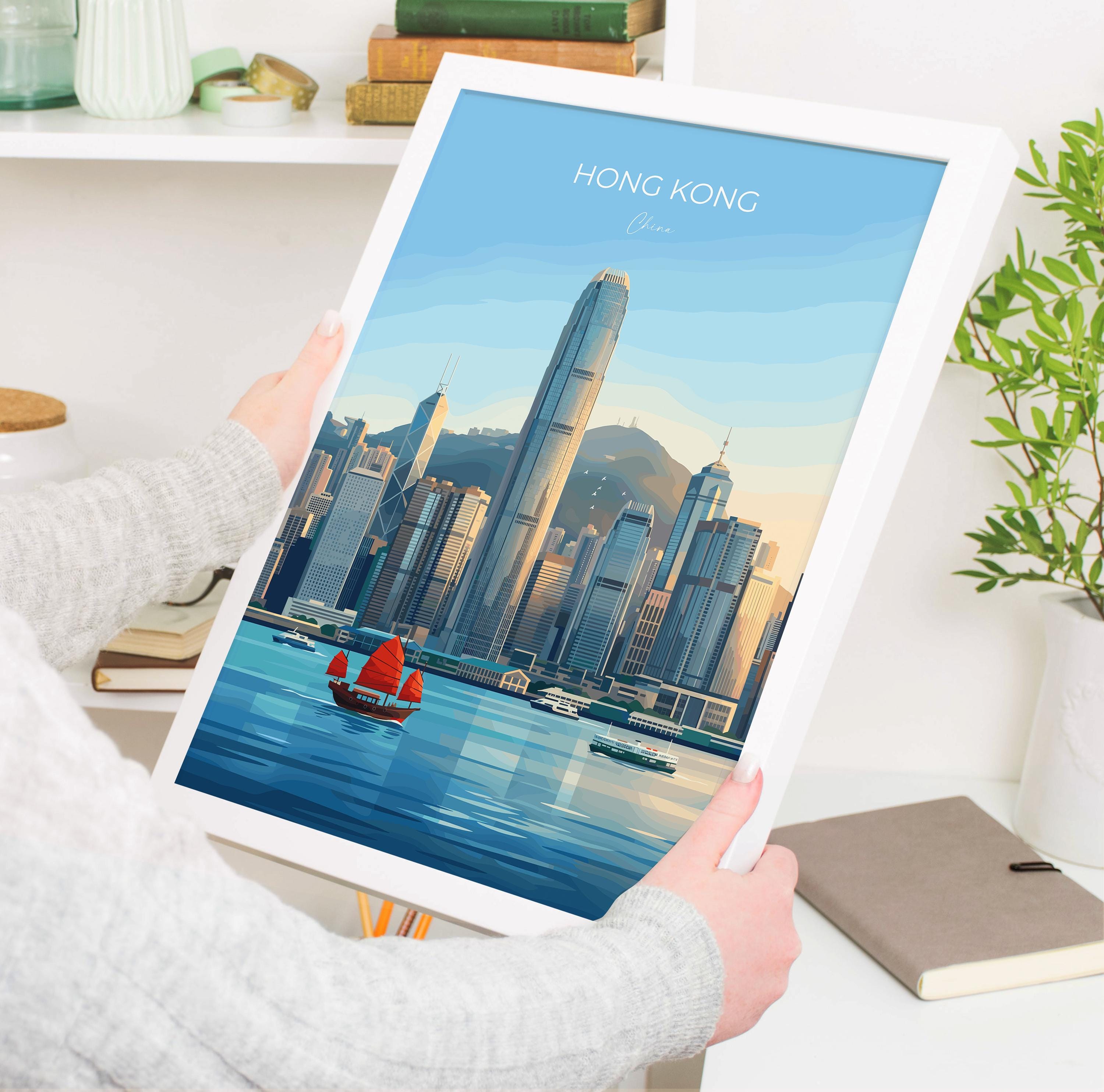 Hong Kong Travel Print, Victoria Harbour Wall Art, Hong Kong Skyline Poster, Star Ferry Illustration, Vintage Style Asia City Decor