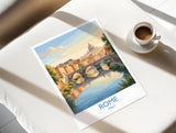 Rome Tiber River Travel Poster, Rome Skyline Wall Art, Historic Bridge & Cityscape Print, Italy Landscape Illustration, Europe Decor