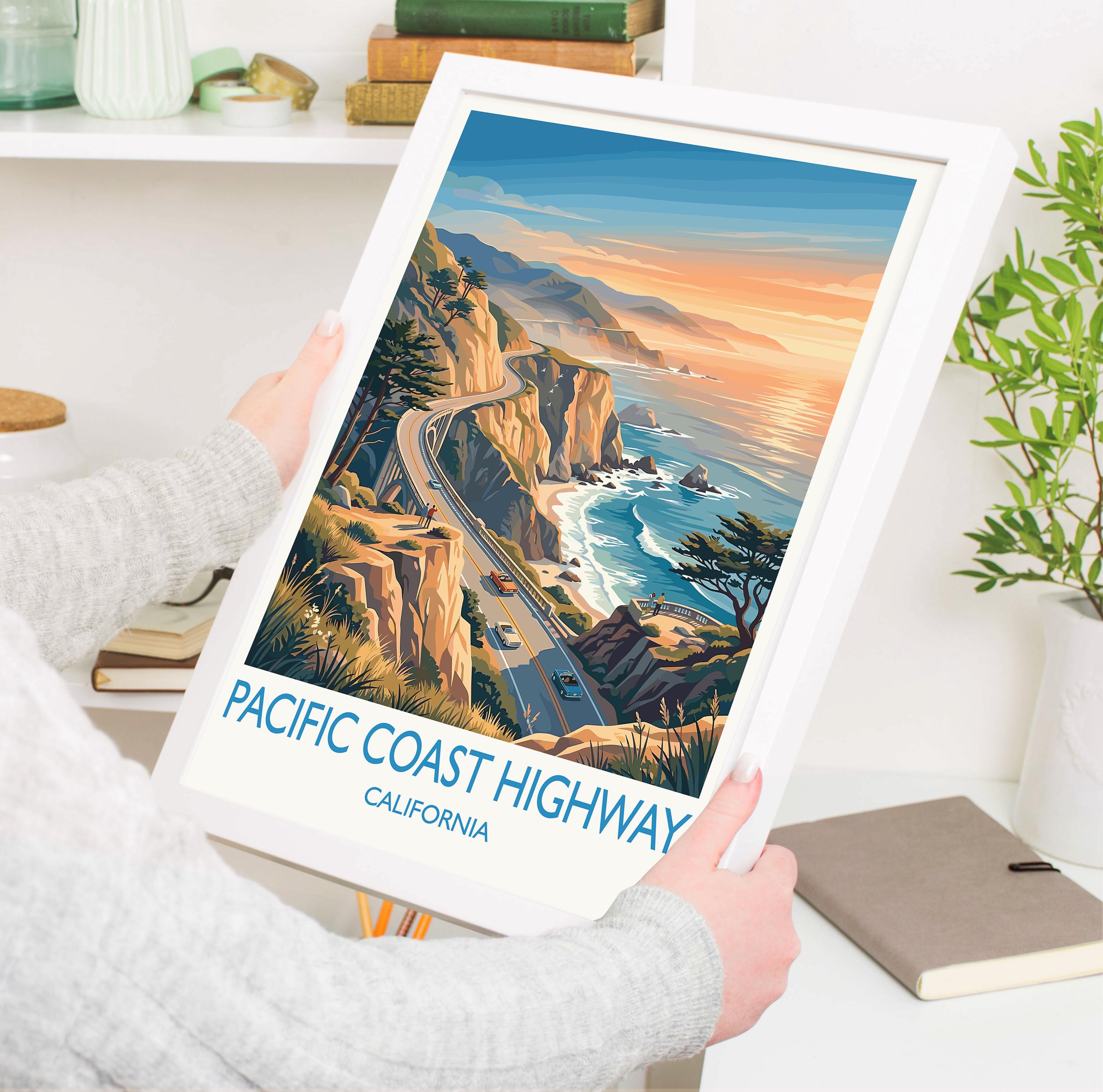 Pacific Coast Highway Travel Poster, California Coast Wall Art, Big Sur Scenic Drive Print, Highway 1 Illustration, Vintage Style USA Decor