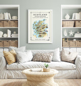 Scotland Illustrated Map Print, UK Wall Art, Highlands Map Poster, Framed or Canvas Print, Scotland Gift Print