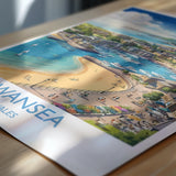 Swansea Print, Mumbles Wall Art with Border, Welsh Coast Poster, Wales Travel Print, Swansea Gift Print