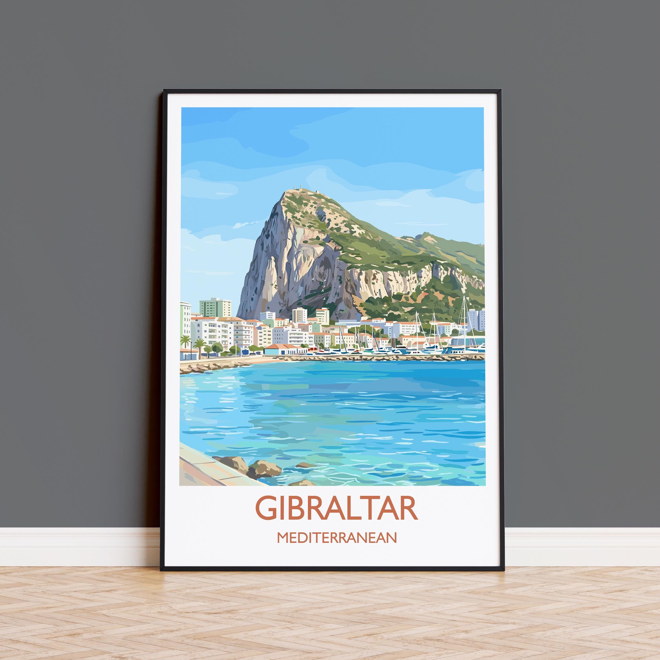 Gibraltar Travel Poster, Rock of Gibraltar Wall Art, Mediterranean Coastal Print, Historic Peninsula Illustration, Vintage Style Decor