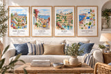 Santorini Greece Watercolour Print, Oia Sunset Wall Art, Blue Dome Church Poster, Aegean Sea Print, Greek Island Watercolour