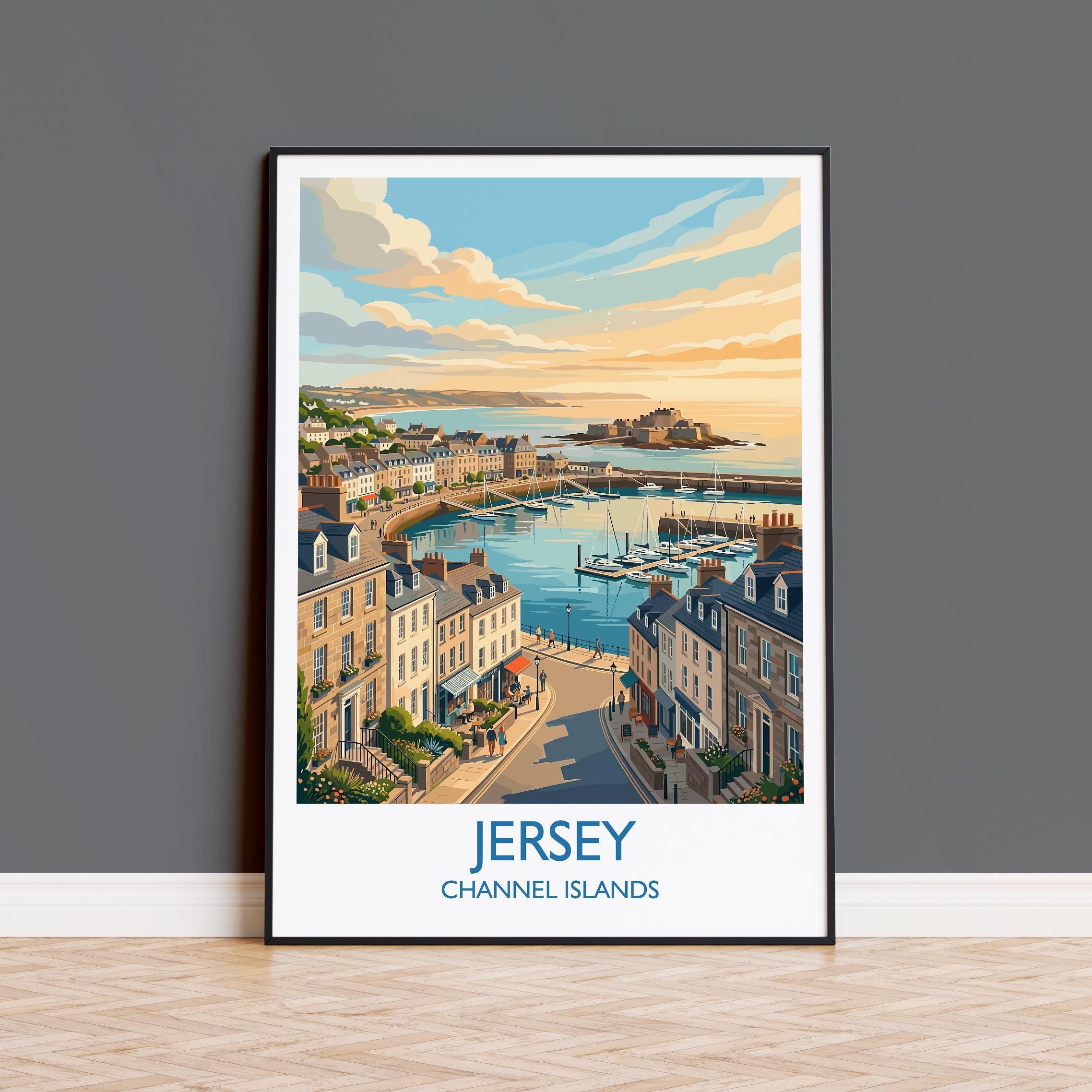 Jersey Channel Islands Travel Poster, Coastal Wall Art, Harbour & Seaside Print, British Island Illustration, Vintage Style UK Decor