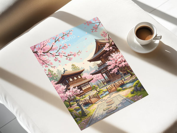 Kyoto Japan Travel Print, Cherry Blossom Temple Wall Art, Japanese Landscape Poster, Sakura Illustration, Asia Decor, Kyoto Gift