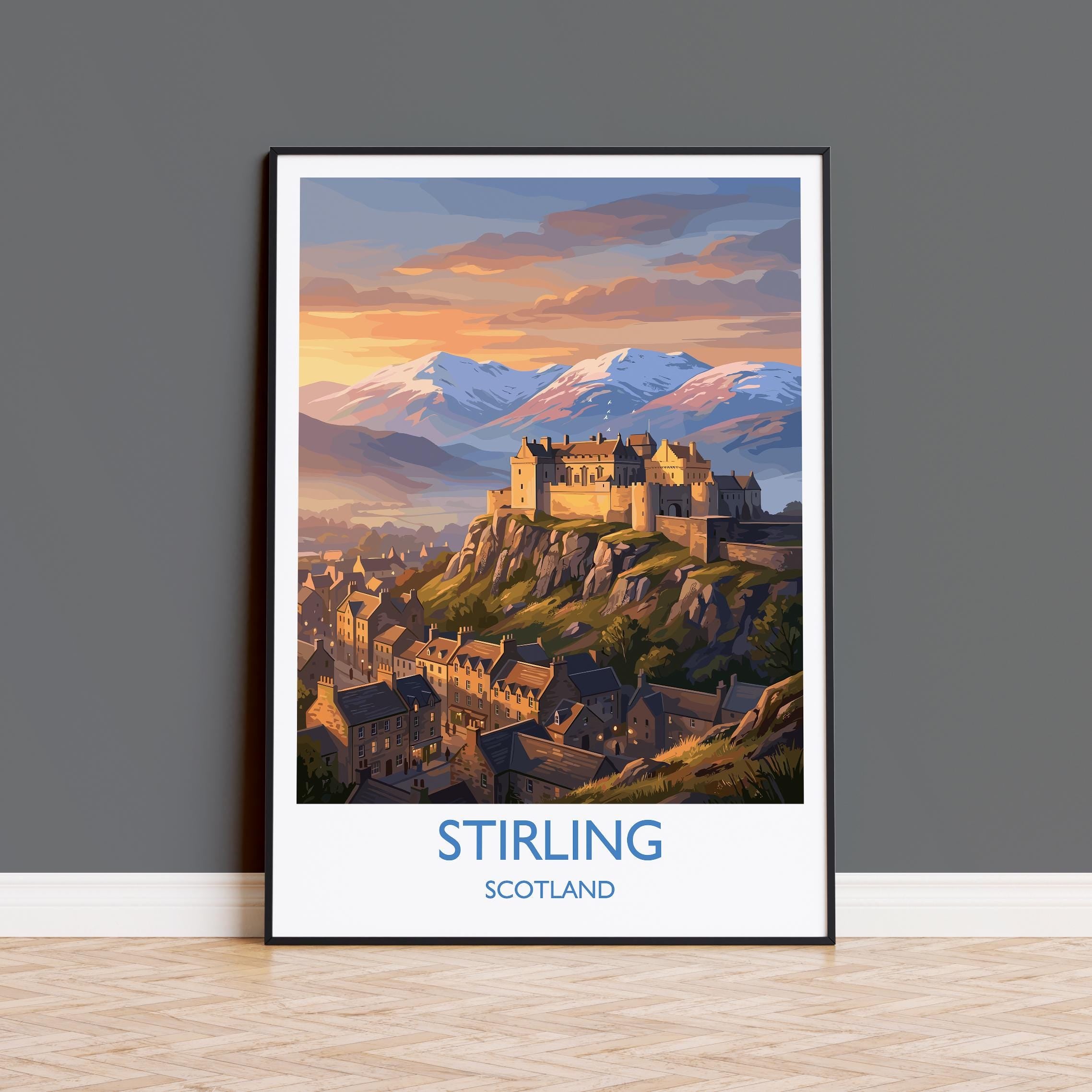 Stirling Castle Scotland Travel Poster, Scottish Highlands Wall Art, Stirling Sunset Landscape Print, Historic Castle Illustration, UK Decor