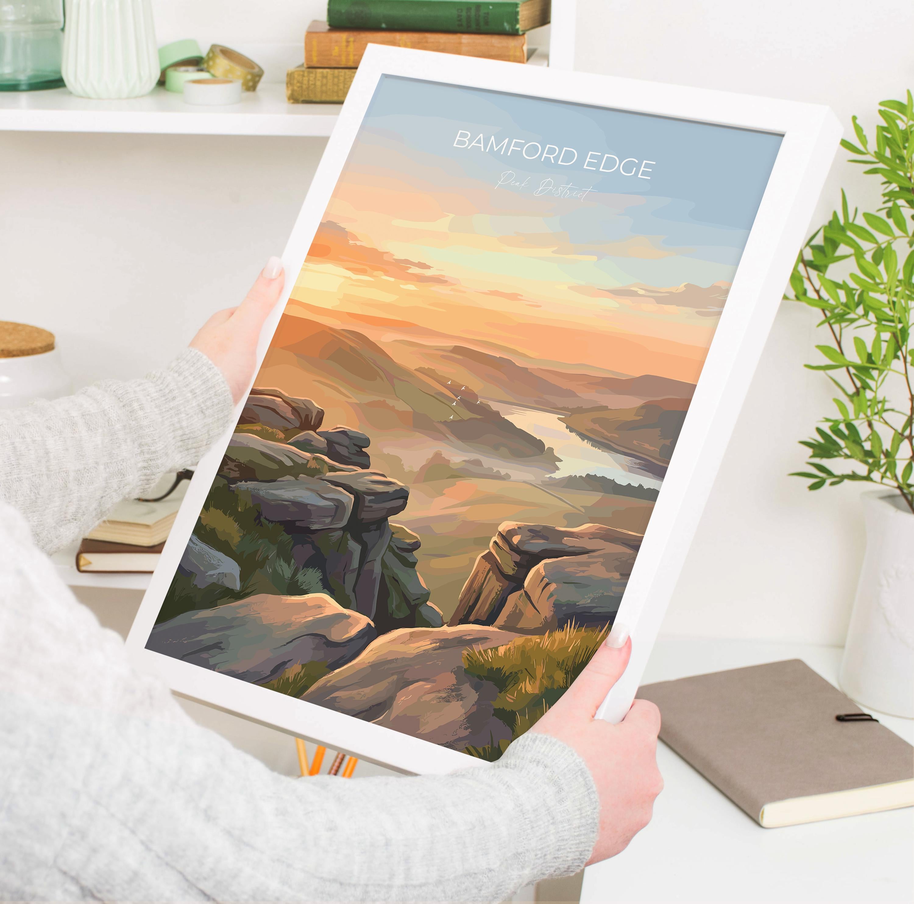 Bamford Edge Travel Print, Peak District Wall Art, Derbyshire Landscape Poster, Hope Valley View Illustration, Vintage Style UK Nature Decor