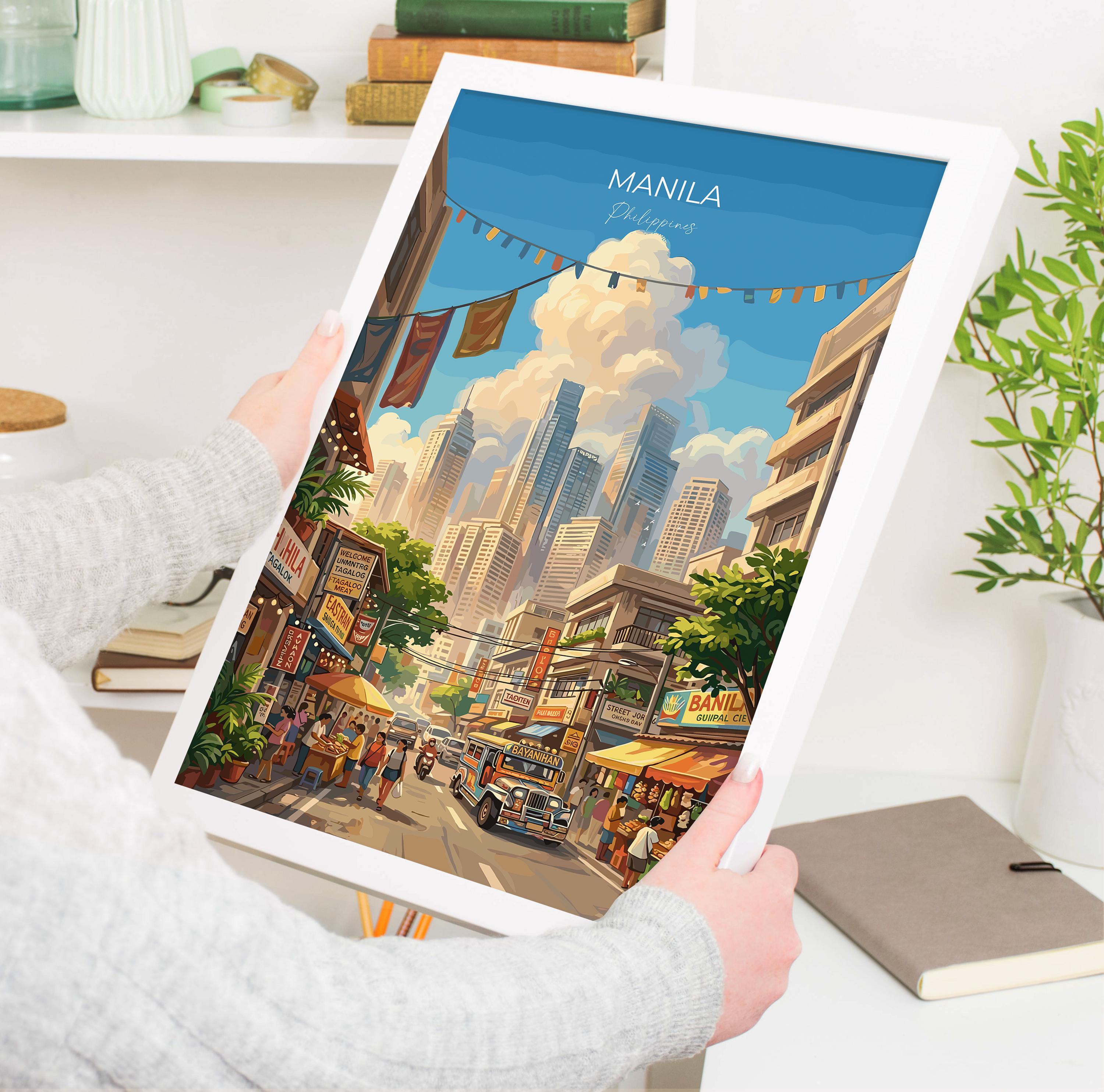 Manila Philippines Travel Print, Manila City Wall Art, Skyline & Bay Illustration Poster, Vintage Style Asian City Decor, Philippines Gift NQ Media Designs