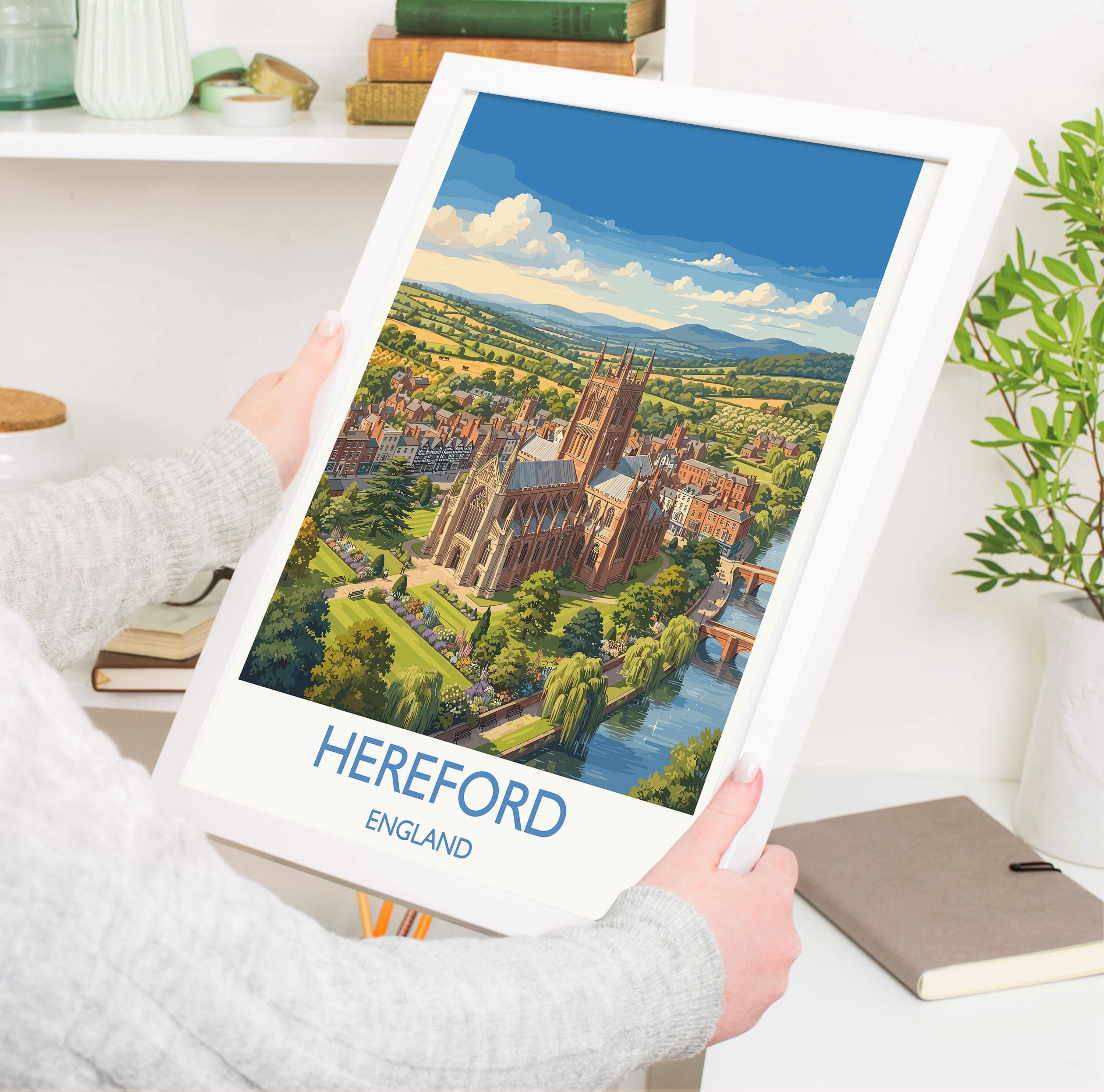 Hereford England Travel Poster, Hereford Cathedral Wall Art, River Wye Print, Historic City Illustration, Vintage Style UK Decor