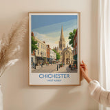 Chichester Cathedral Travel Poster, Chichester High Street Clock Tower Wall Art, West Sussex City Print, Historic England, Vintage Style UK