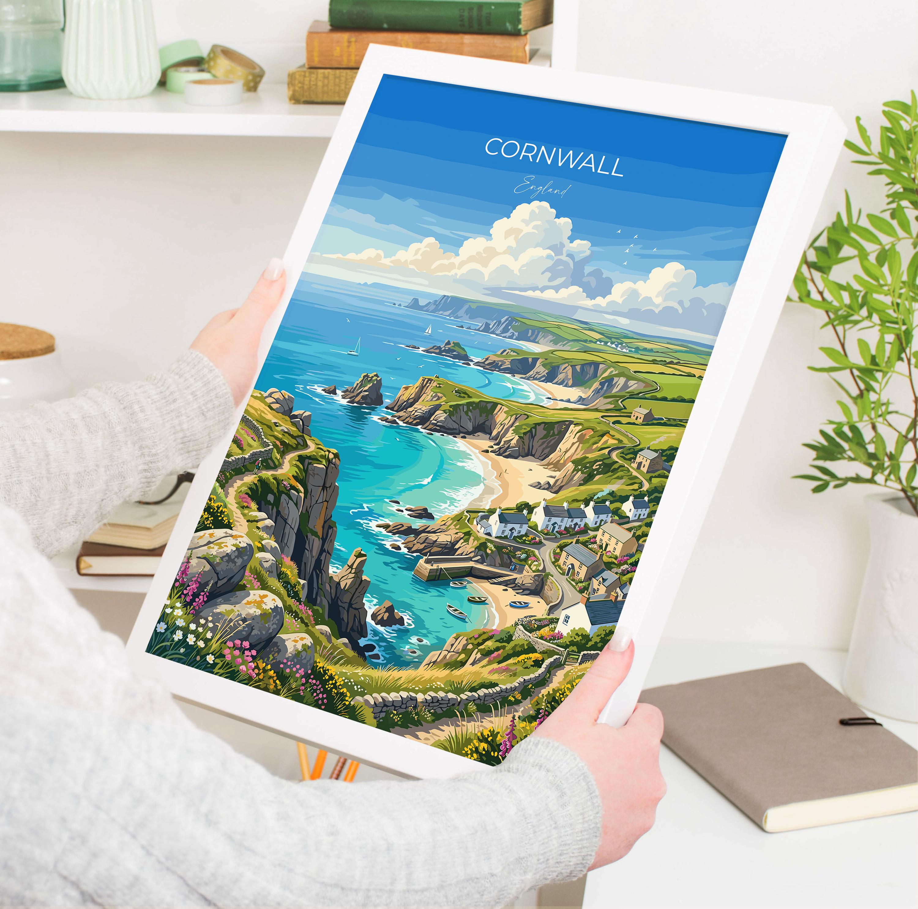 Cornwall England Travel Print, Cornish Coast Wall Art, Coastal Landscape Poster, Seaside Illustration, Vintage Style UK Decor
