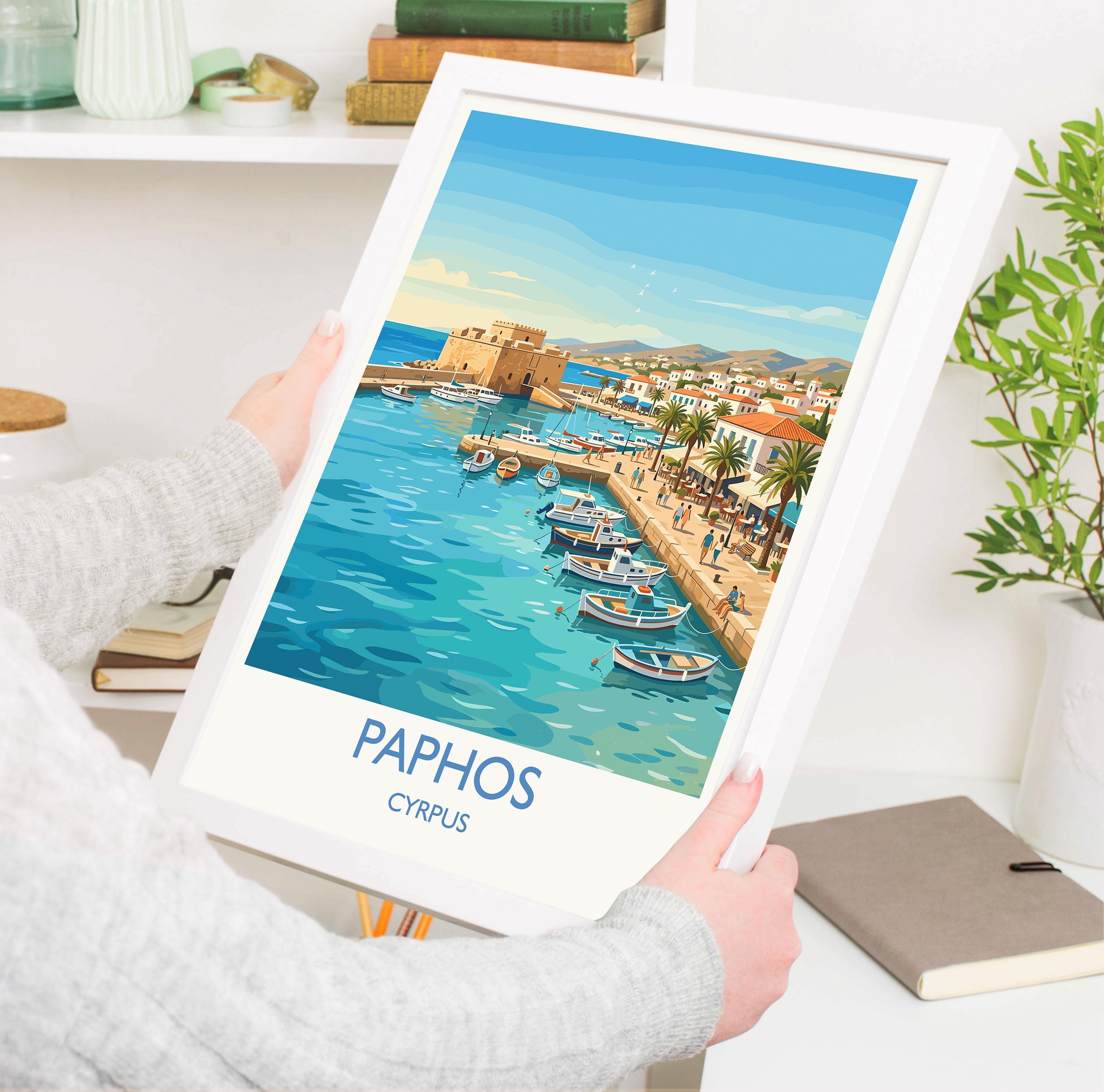Paphos Cyprus Travel Poster, Mediterranean Coast Wall Art, Paphos Harbour Print, Seaside Landscape Illustration, Vintage Style Europe Decor