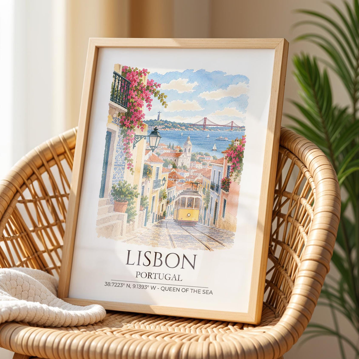 Lisbon Portugal Watercolour Print, Belém Tower Wall Art, Alfama Tram Poster, Tagus River Print, Portuguese Coordinates Print