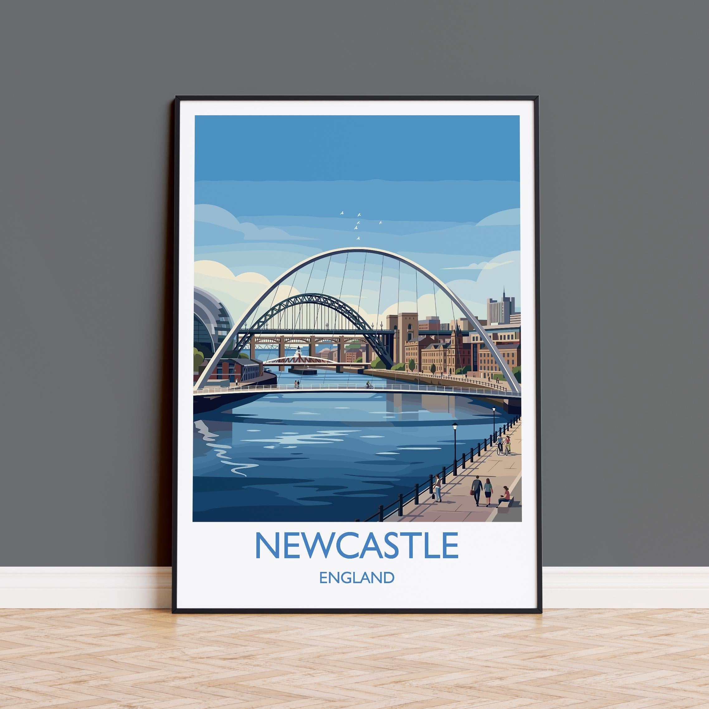 Newcastle Upon Tyne Travel Poster, Tyne Bridge Wall Art, Newcastle City Print, Quayside Illustration, Vintage Style UK City Decor, NQ Media Designs