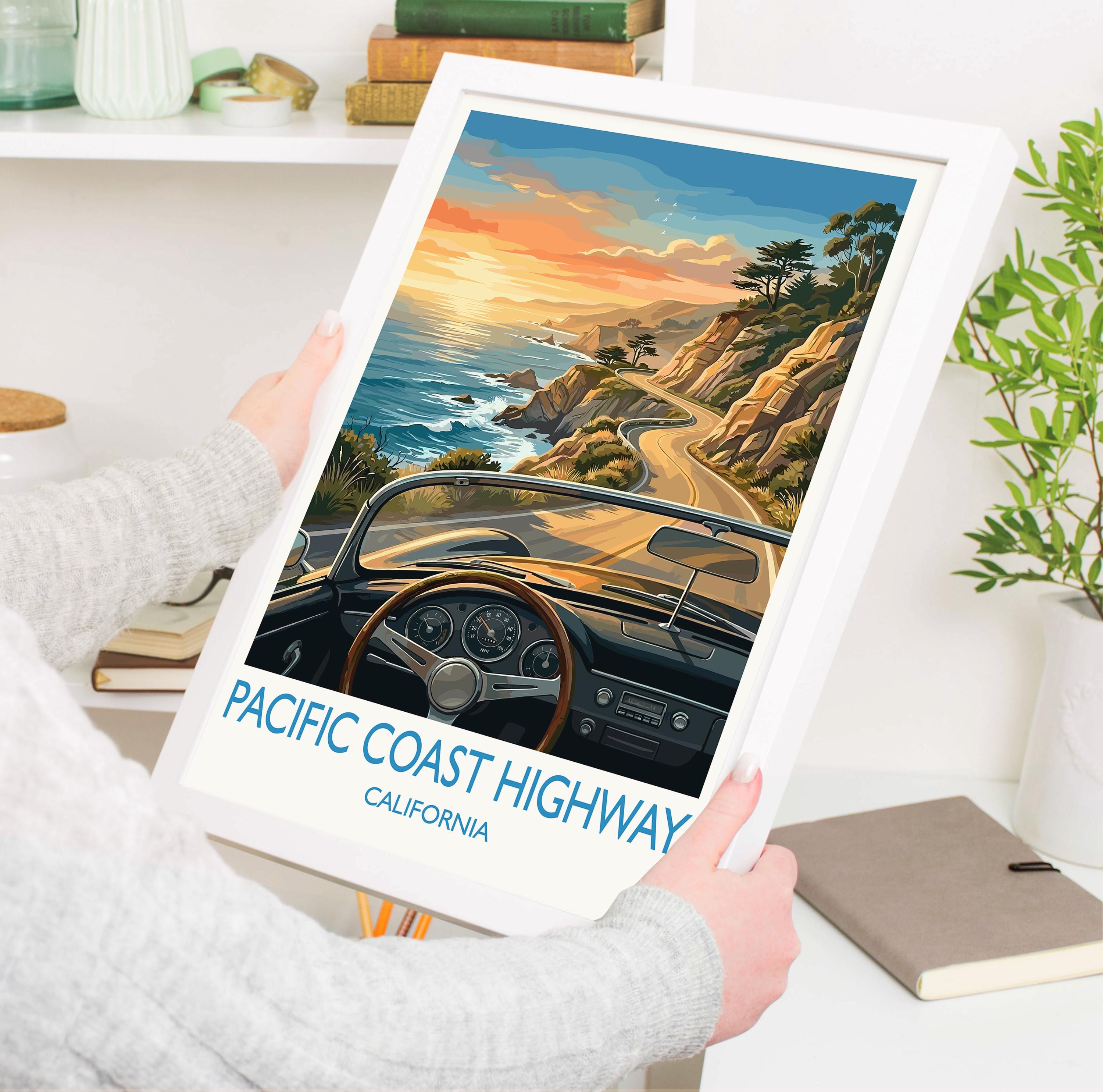 Pacific Coast Highway Travel Poster, California Coast Wall Art, Big Sur Scenic Drive Print, Highway 1 Illustration, Vintage Style USA Decor