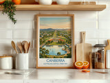 Canberra Australia Travel Poster, Parliament House Wall Art, Australian Capital City Print, Lake Burley Griffin Illustration, Australia Art