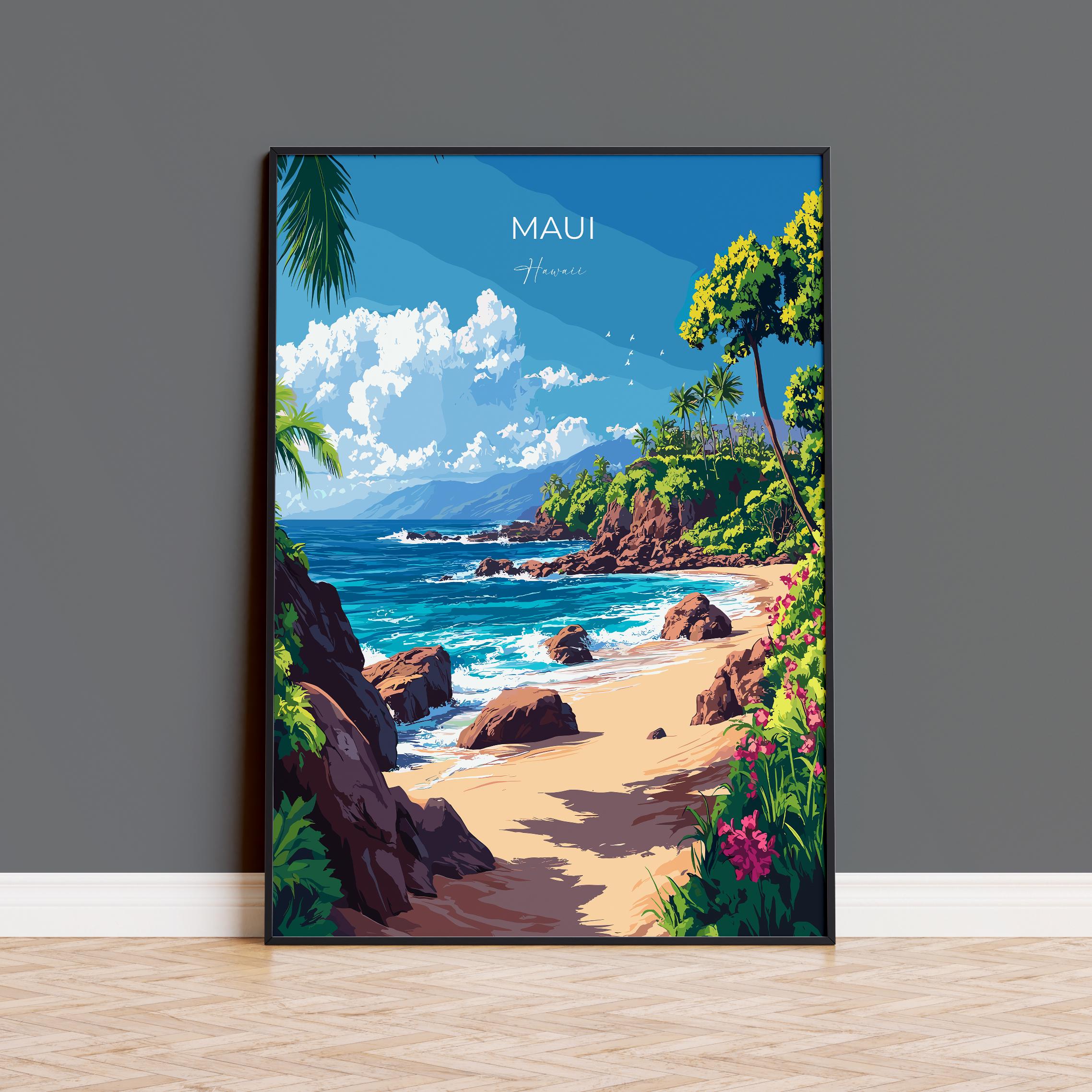 Maui Hawaii Travel Print, Tropical Beach Wall Art, Hawaiian Island Landscape Poster, Vintage Style Ocean Decor, Hawaii Vacation Gift NQ Media Designs