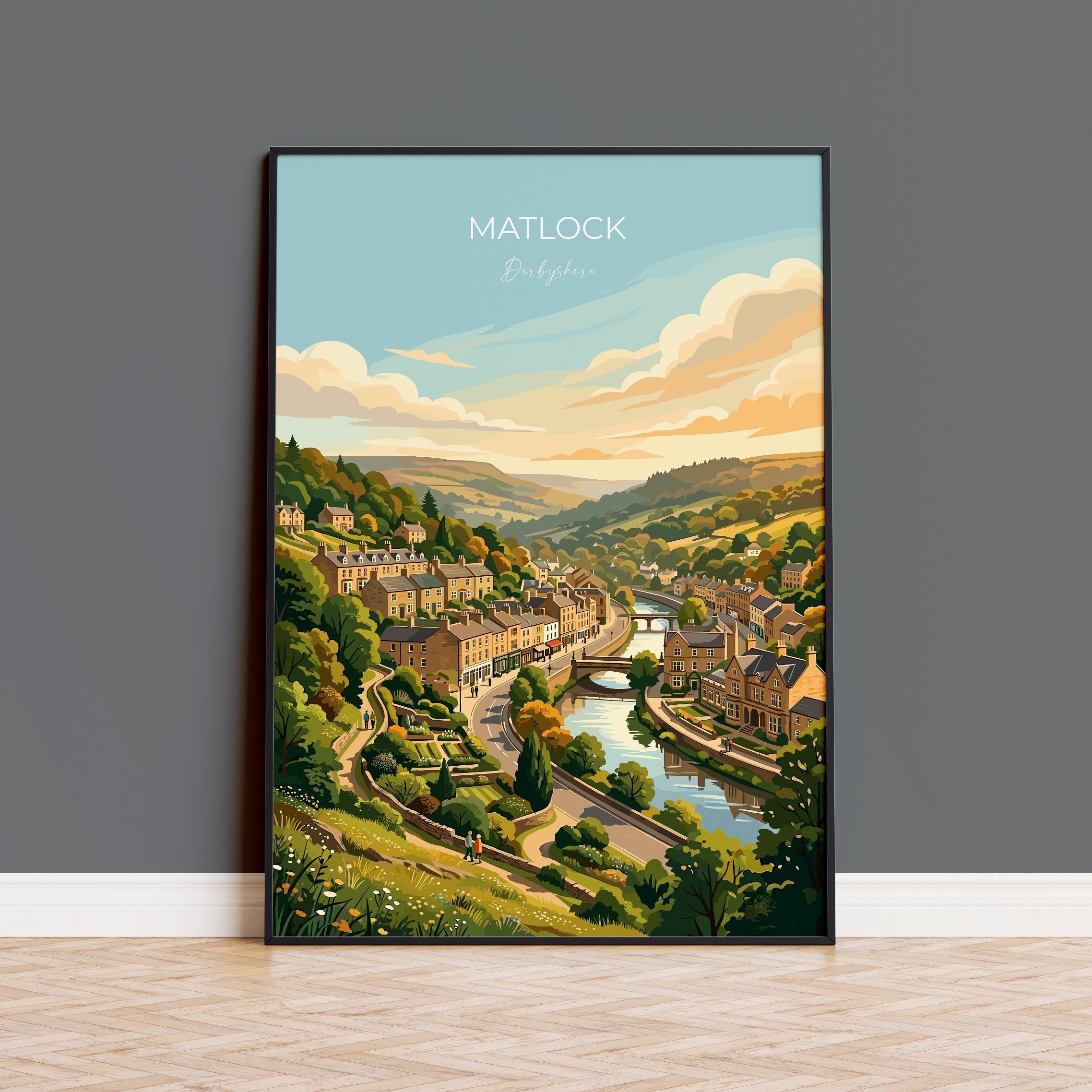 Matlock Derbyshire Travel Print, Peak District Wall Art, River Derwent Town Poster, Historic Market Town Art, Vintage Style UK Decor