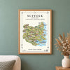Suffolk Illustrated Map Print, England Wall Art, Suffolk Coast Map Poster, Framed or Canvas Print, Suffolk Gift