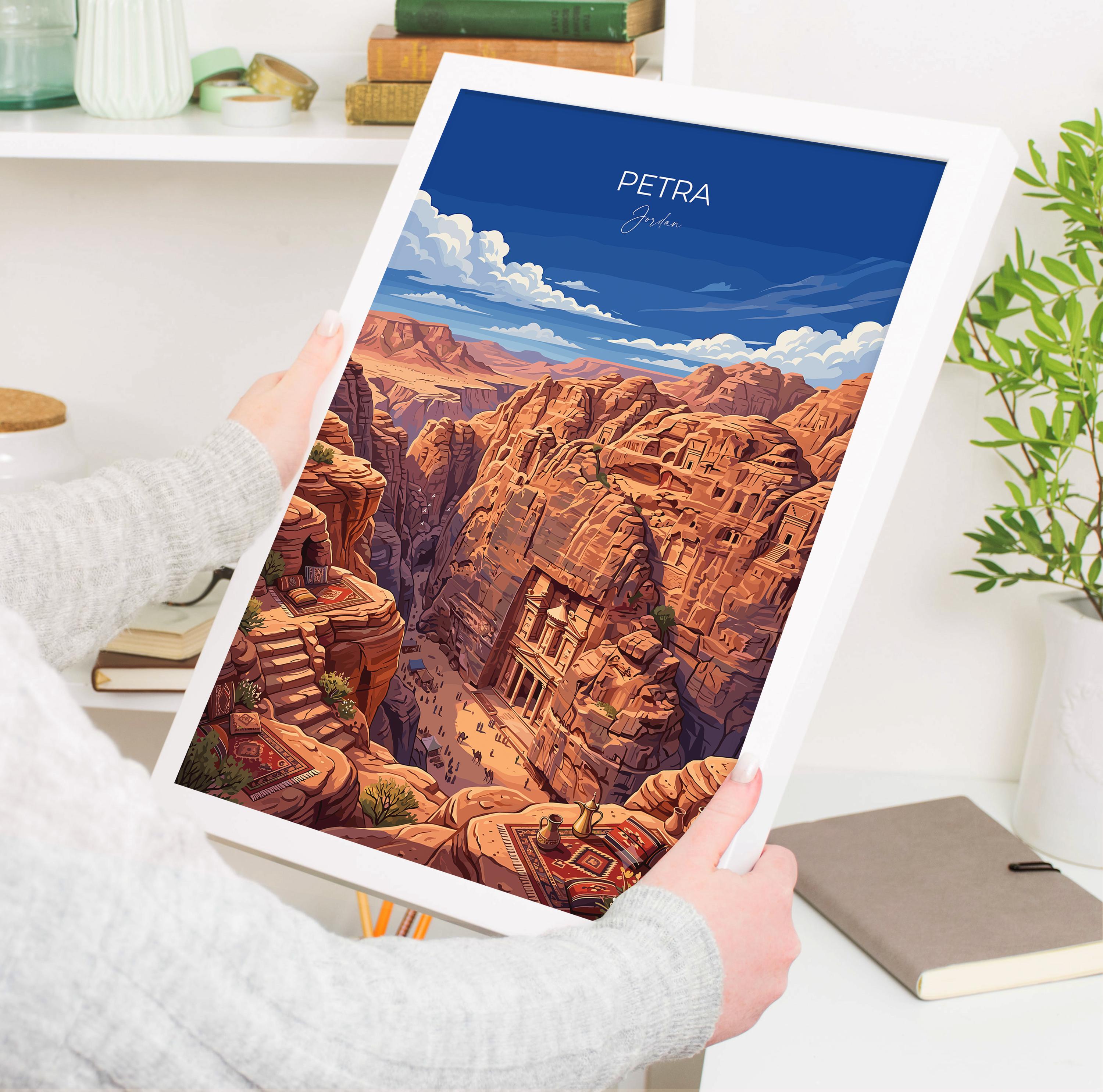 Petra Jordan Travel Print, Al-Khazneh Treasury Wall Art, Rose City Poster, Ancient Wonder Illustration, Vintage Style Middle East Decor