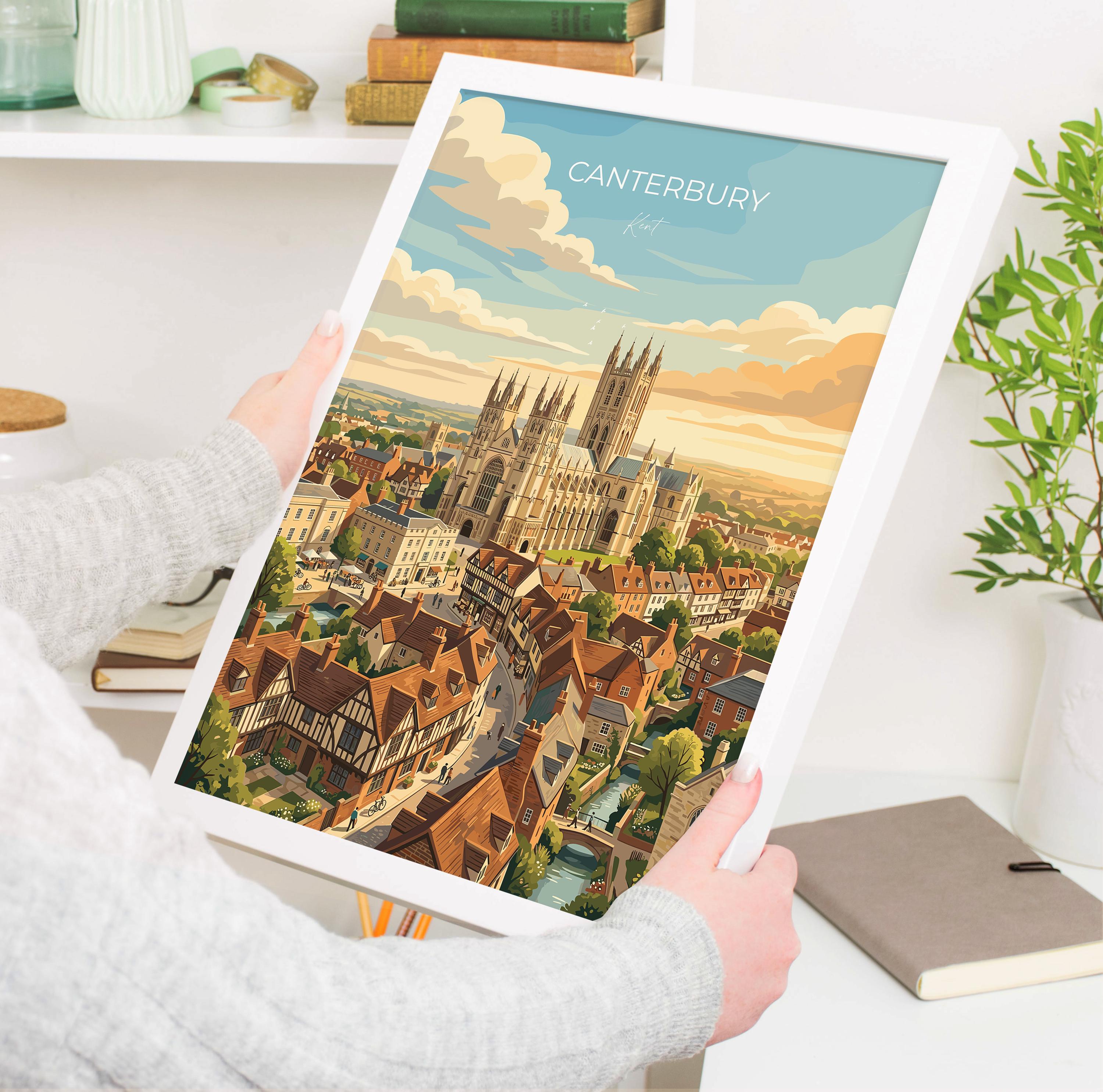 Canterbury Kent Travel Print, Canterbury Cathedral Wall Art, Historic City Poster, Kent Illustration, Vintage Style UK Decor