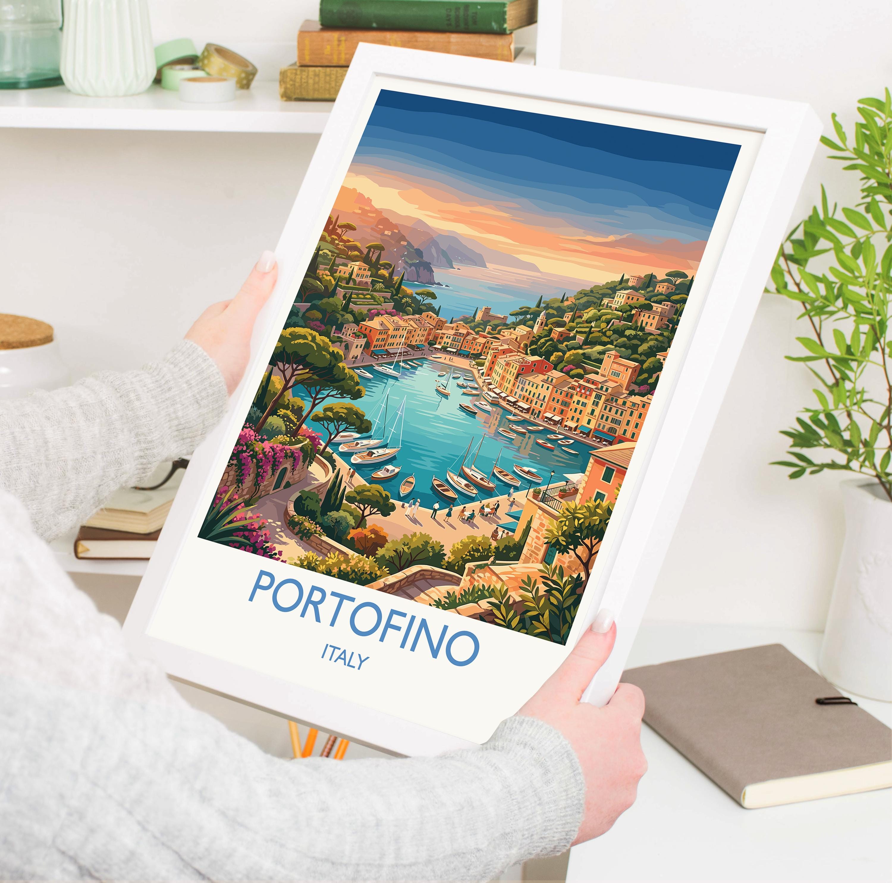 Portofino Italy Travel Poster, Italian Riviera Wall Art, Colourful Harbour Print, Mediterranean Coastal Illustration, Vintage Style Decor