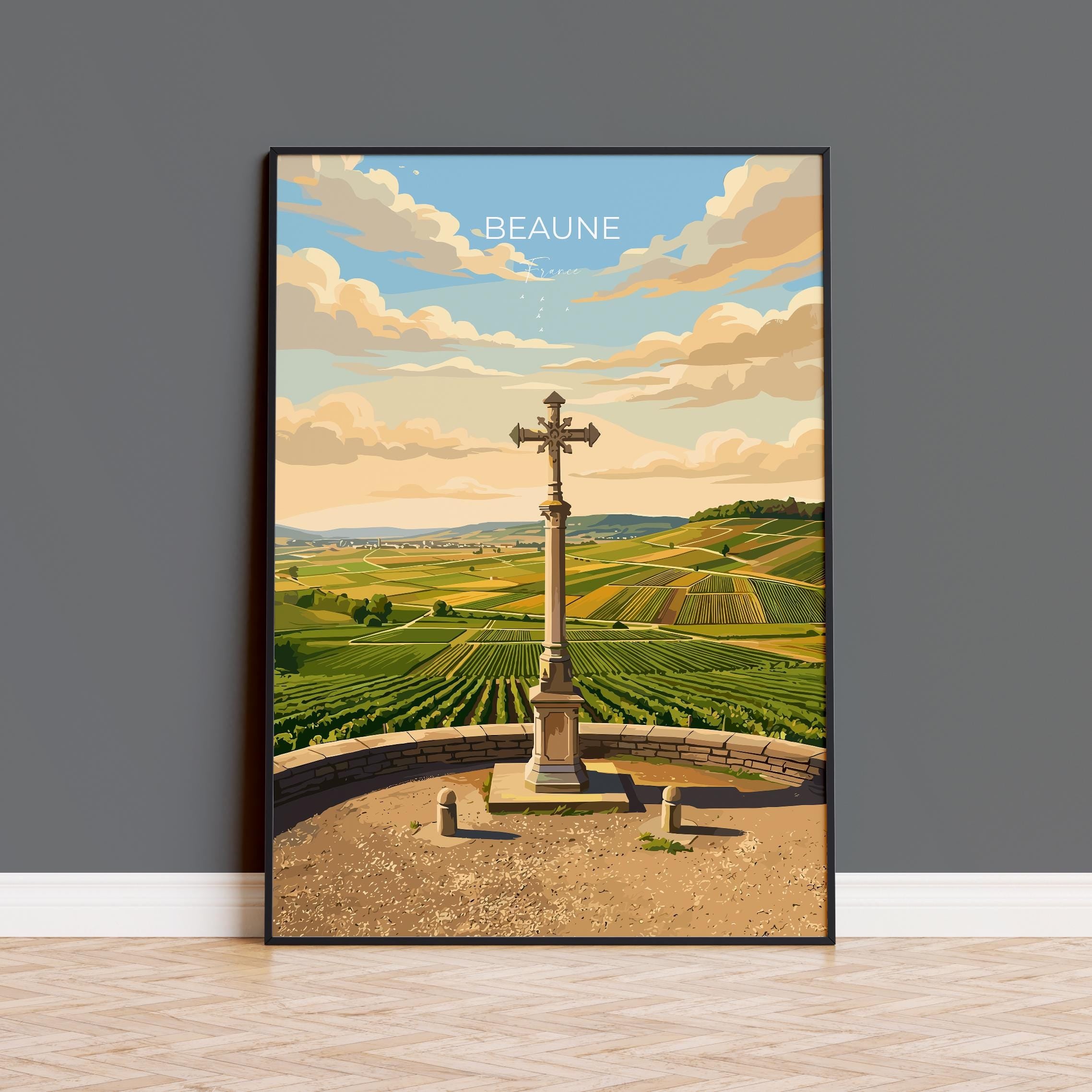 Beaune France Travel Print, Burgundy Vineyards Wall Art, Croix de Charlemagne Poster, French Wine Country Illustration, Vintage Europe Decor
