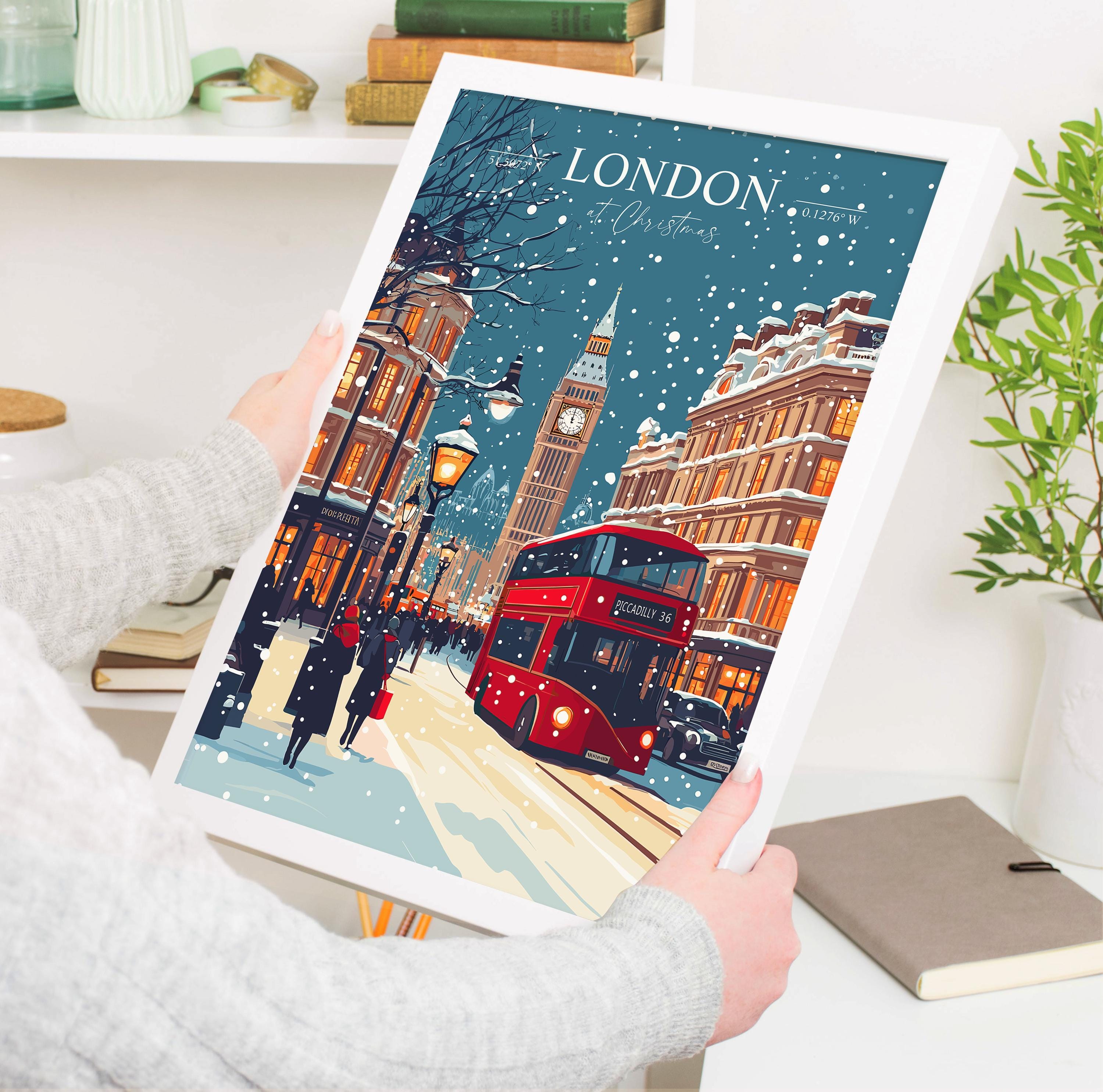 London at Christmas Travel Print | Festive London Wall Art | Christmas Gift NQ Media Designs