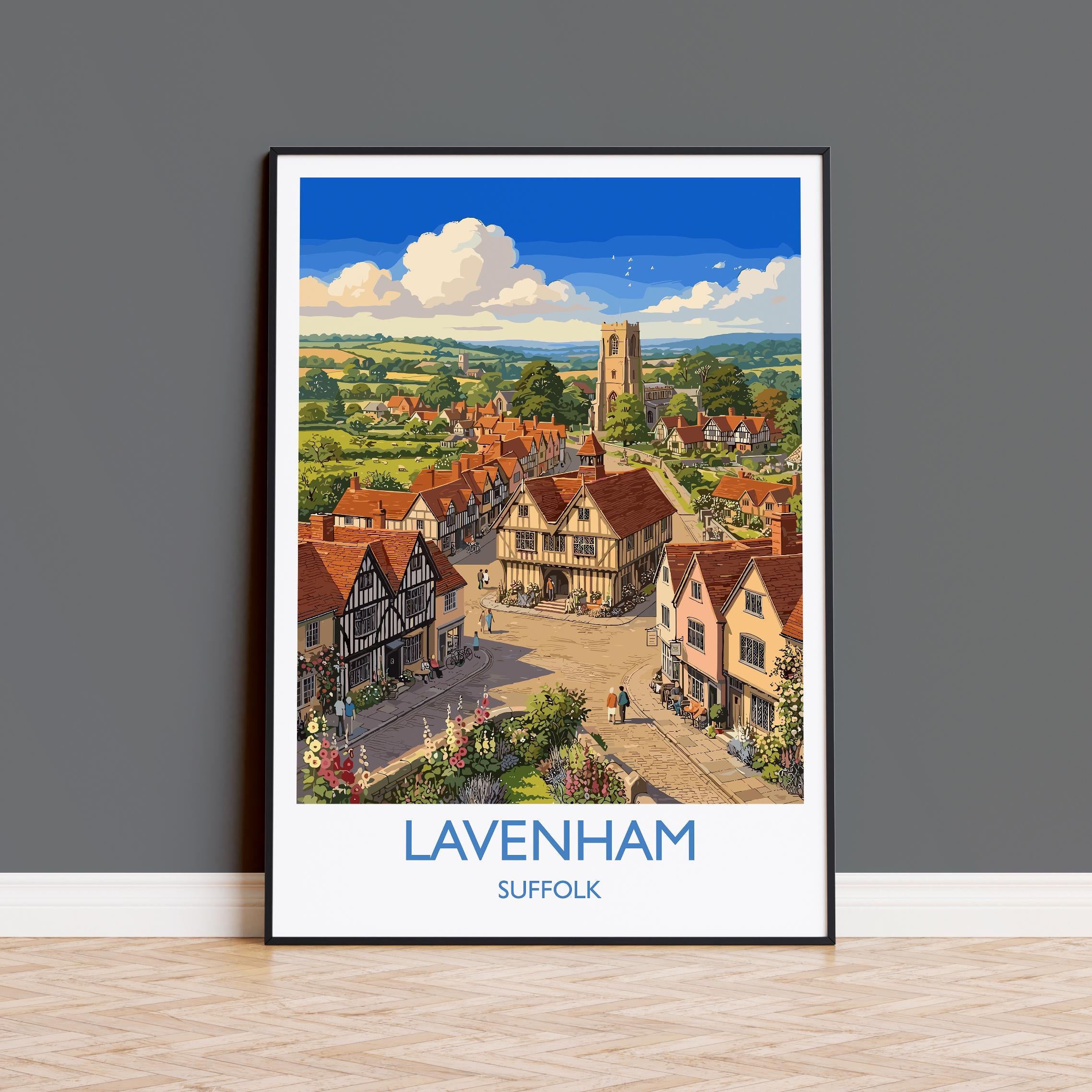 Lavenham Suffolk Travel Poster, Medieval Village Wall Art, Guildhall Print, Timber-Framed Houses Illustration, Vintage Style UK Decor