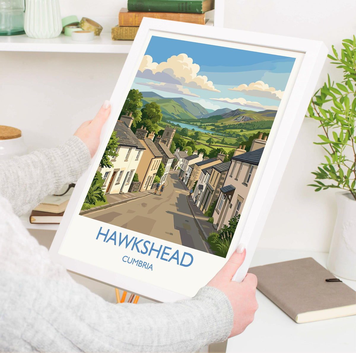 Hawkshead Print, Lake District Wall Art with Border, Cumbria Poster, England Travel Print, Hawkshead Gift Print