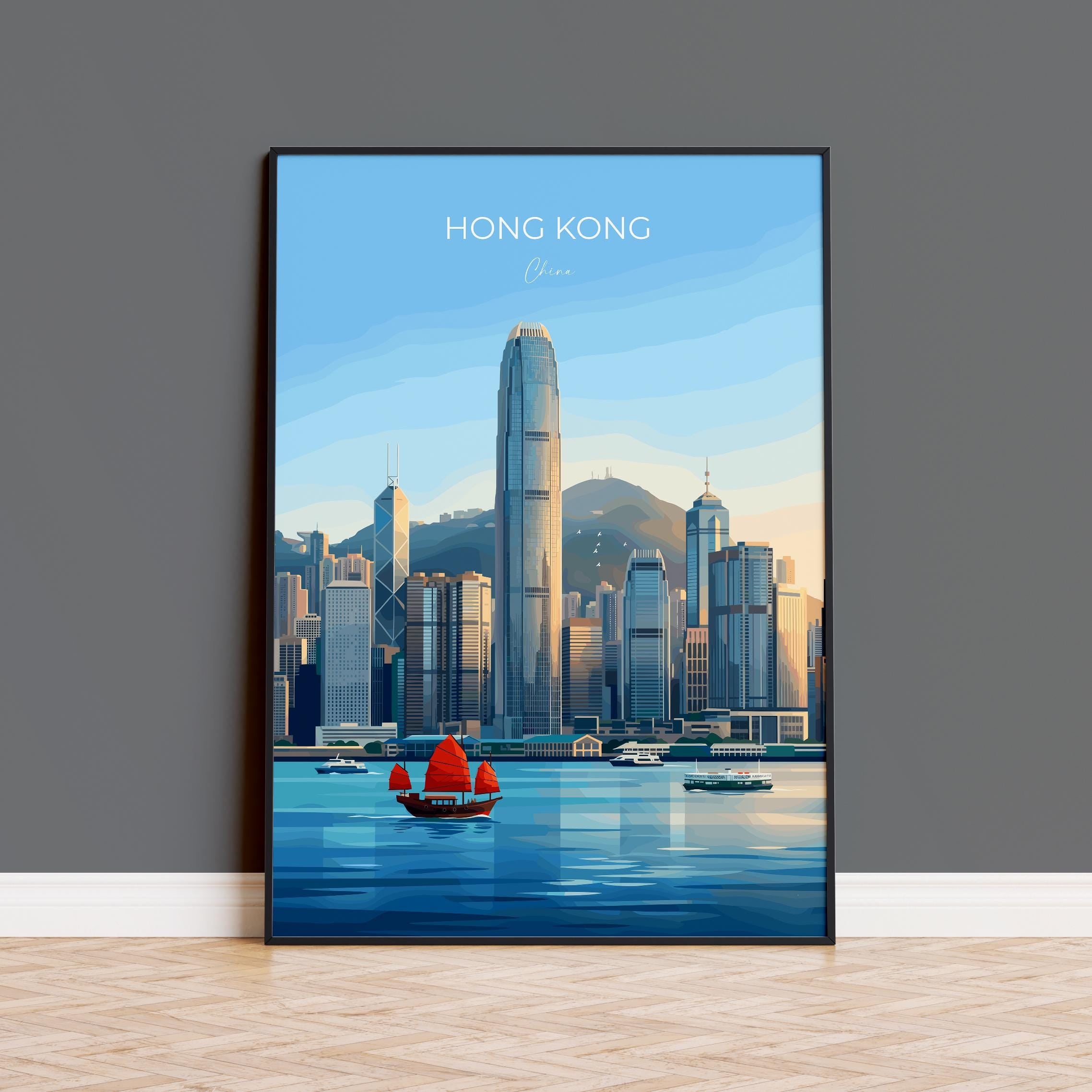 Hong Kong Travel Print, Victoria Harbour Wall Art, Hong Kong Skyline Poster, Star Ferry Illustration, Vintage Style Asia City Decor