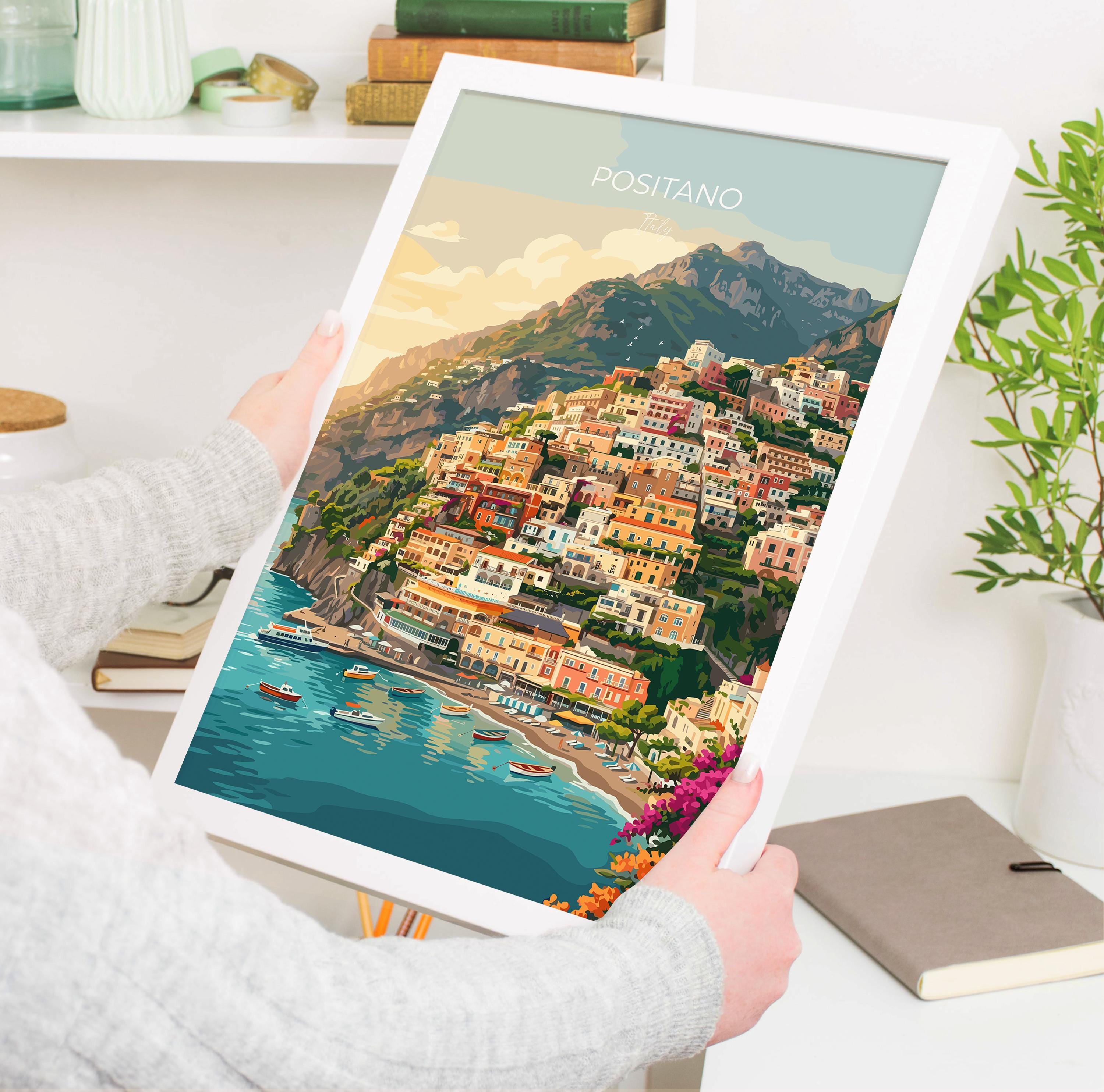 Positano Italy Travel Print, Amalfi Coast Wall Art, Mediterranean Cliffside Village Poster, Colourful Coastal Vintage Style Europe Decor