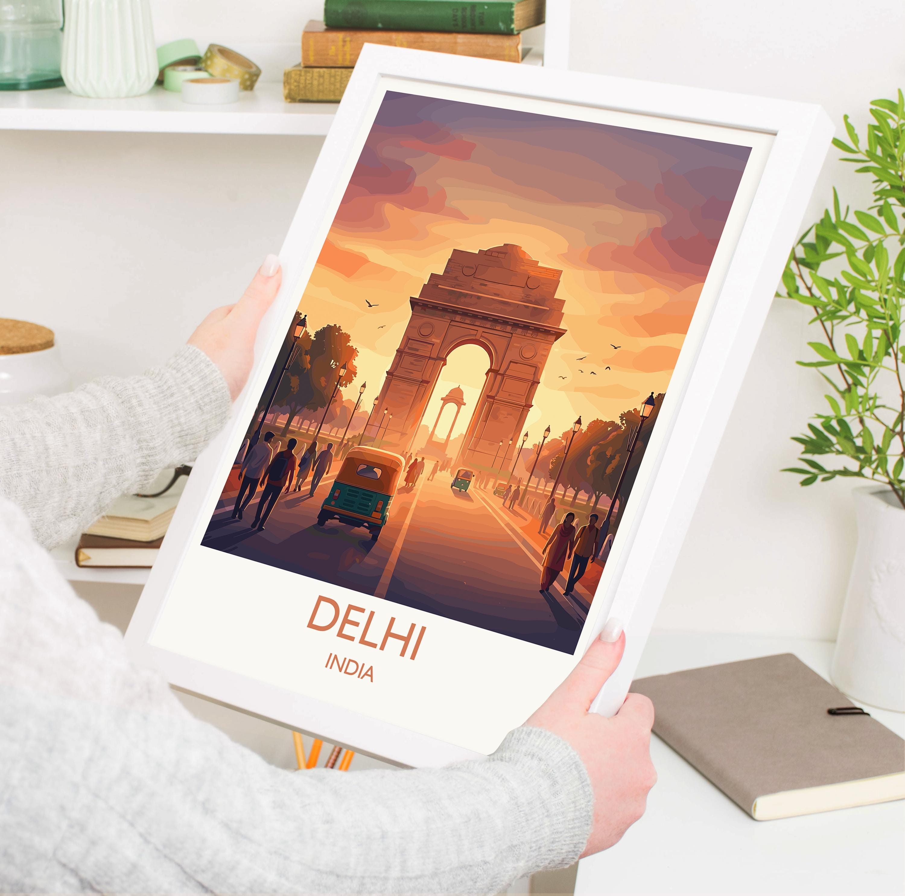Delhi India Travel Poster, India Gate Wall Art, Delhi Landmark Print, Sunset Monument Illustration, Vintage Style Asia Decor, India Gift