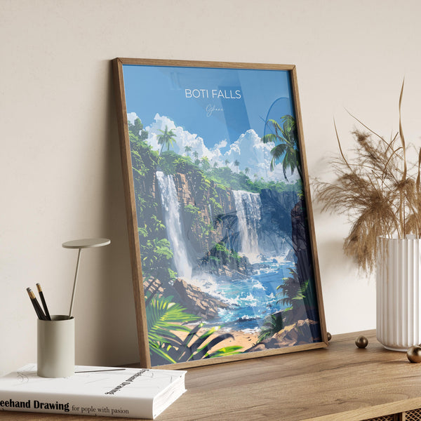 Boti Falls Travel Poster, Ghana Travel Print Collection, Travel Wall Art, Boti Falls Art Print Gift, Africa Art