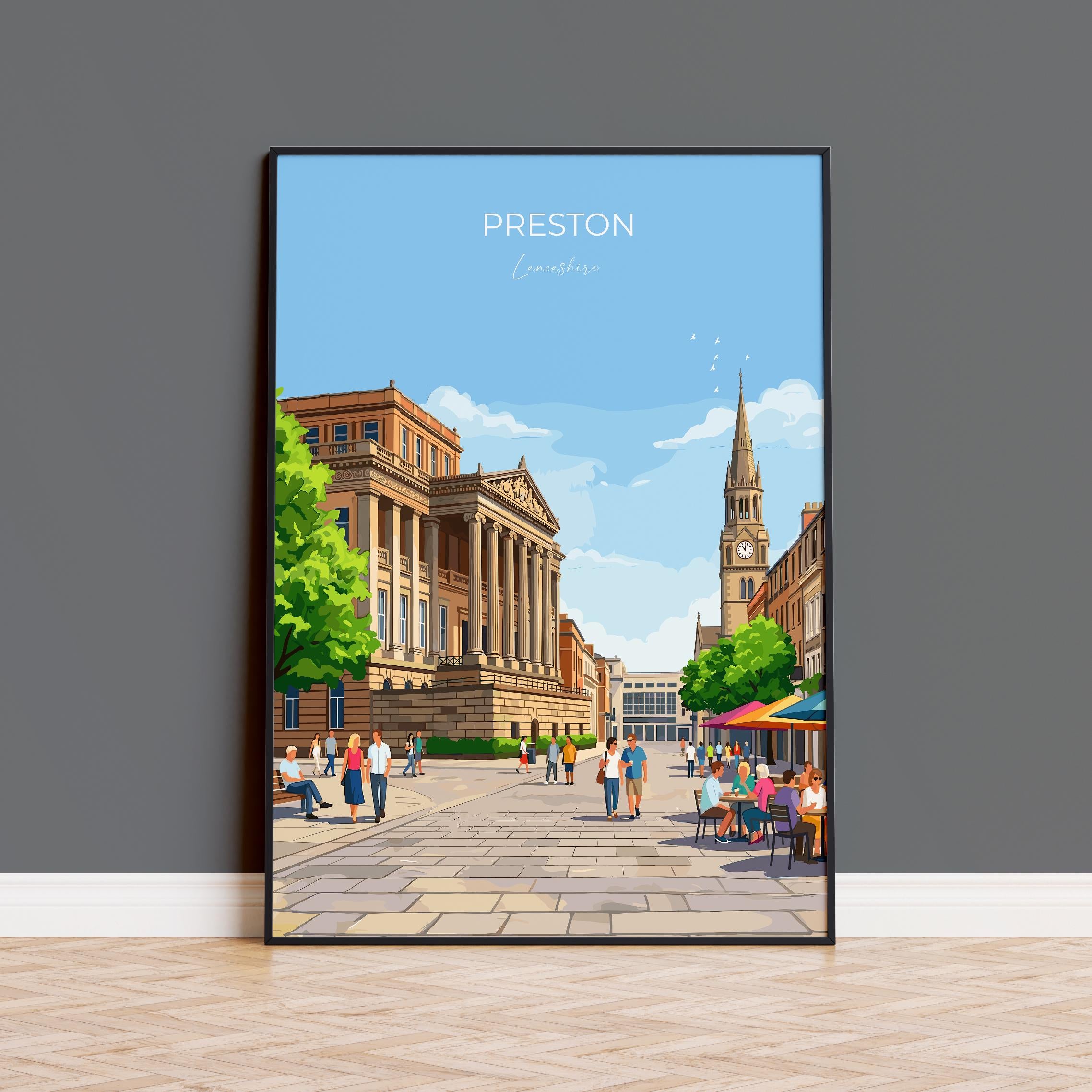 Preston Lancashire Travel Print, Preston City Wall Art, Lancashire Poster, Historic UK City Illustration, Vintage Style Decor, Preston Gift