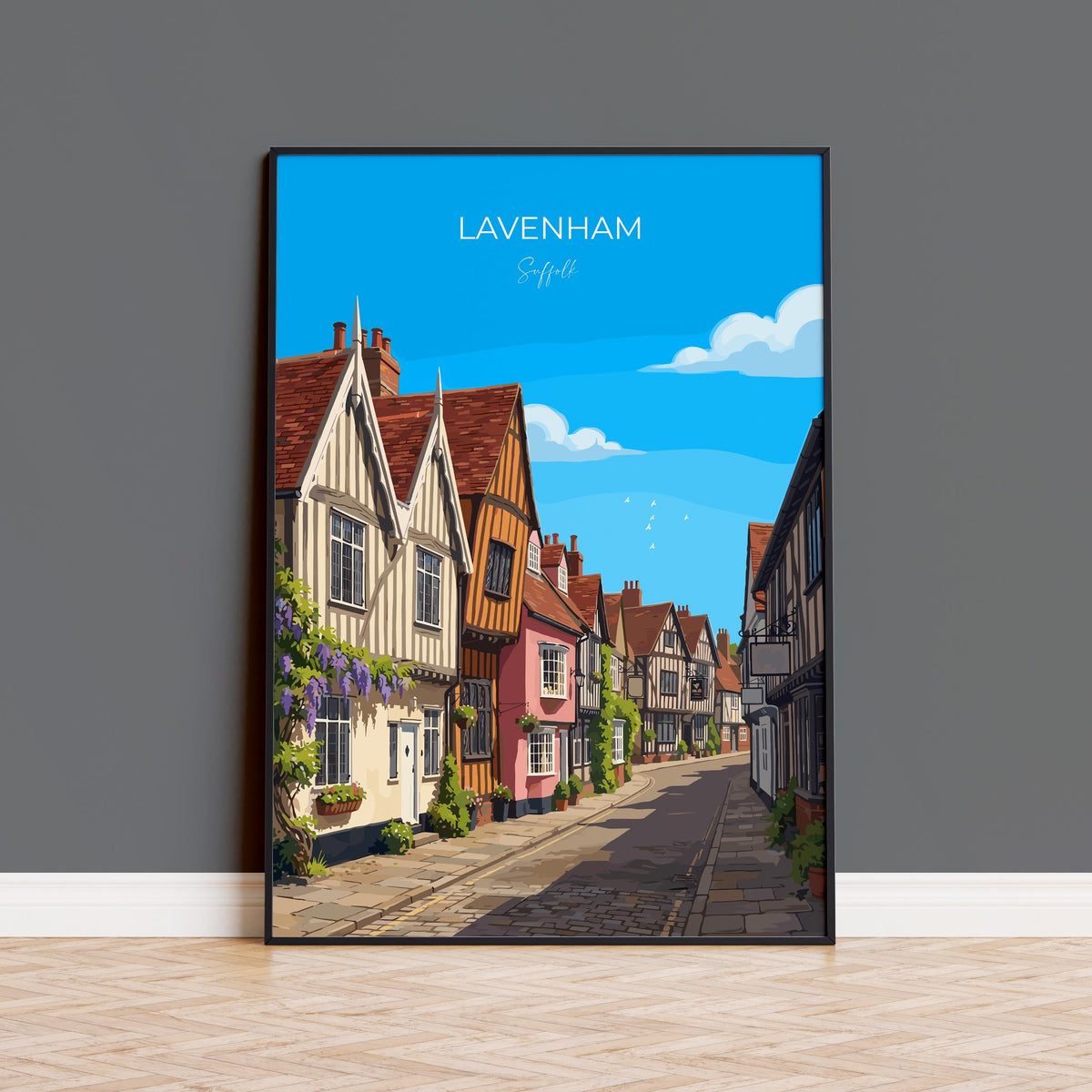 Lavenham Suffolk Travel Print, Medieval Village Wall Art, Guildhall Poster, Timber-Framed Houses Illustration, Vintage Style UK Decor