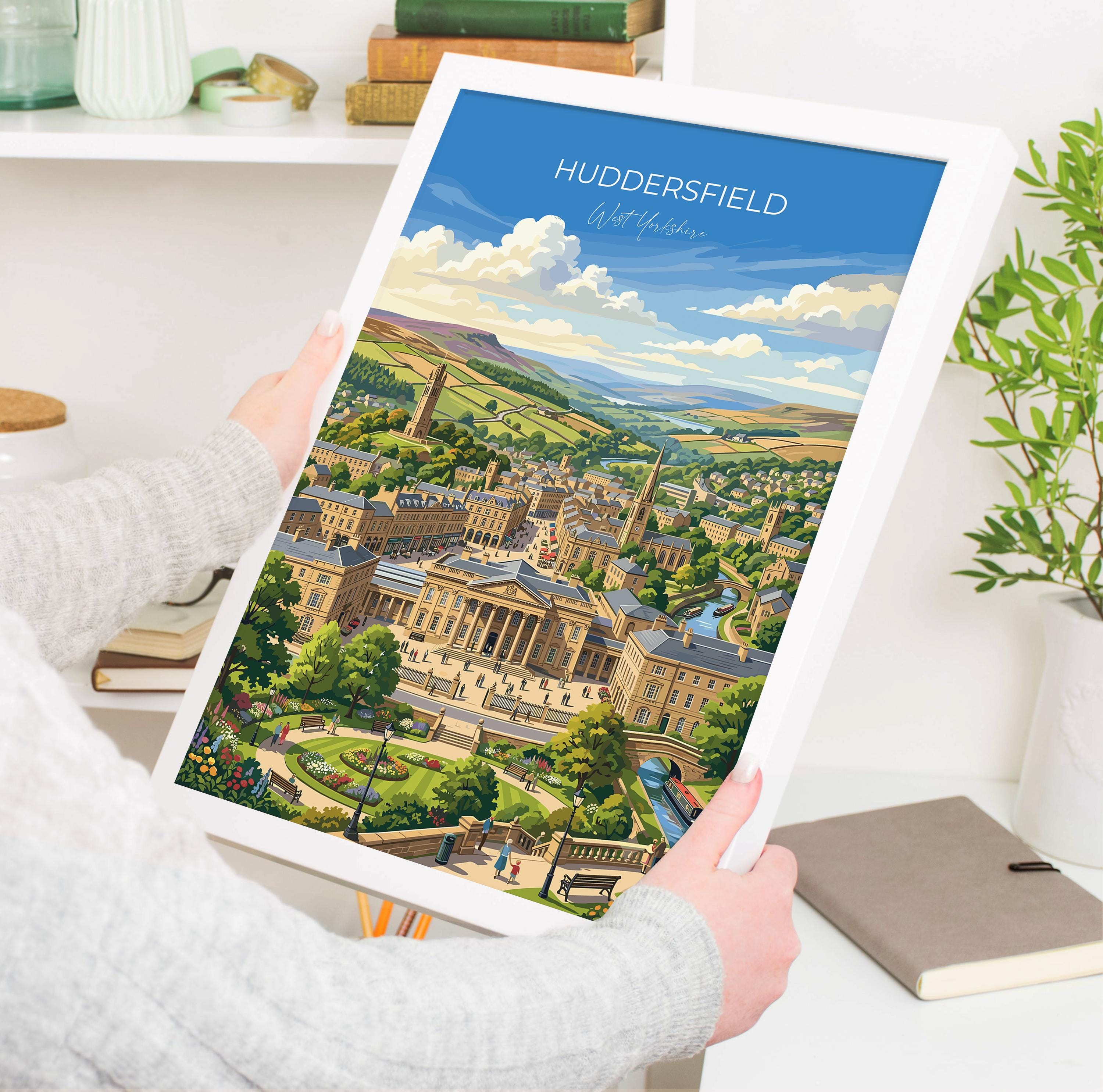 Huddersfield West Yorkshire Travel Print, Victoria Tower Wall Art, Historic Town Poster, Castle Hill Illustration, Vintage Style UK Decor
